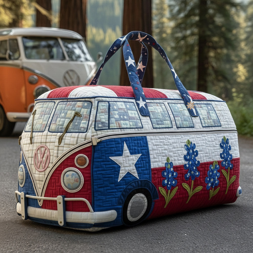 Texas Pride Ride Hippie Van Quilted Duffle Bag Lone Star Flag Bluebonnet Gift Ideas
