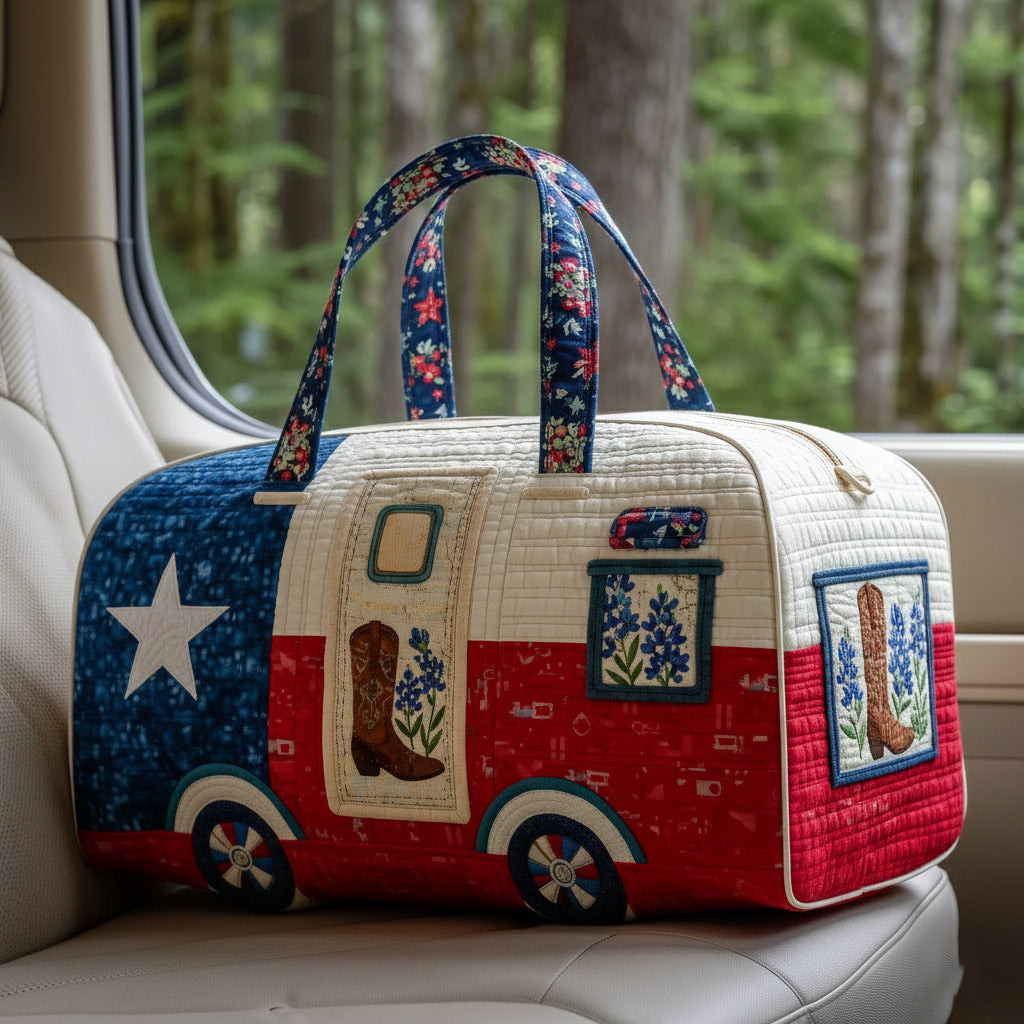 Texas Pride Ride Quilted Duffle Bag Texas Flag Cowboy Boots Bluebonnet Travel Bag Gift For Texas Lovers