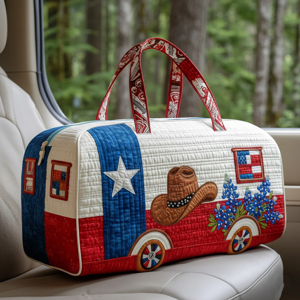 Texas Pride Ride Quilted Duffle Bag Texas Flag Cowboy Hat Bluebonnet Travel Bag Best Gift For Texans