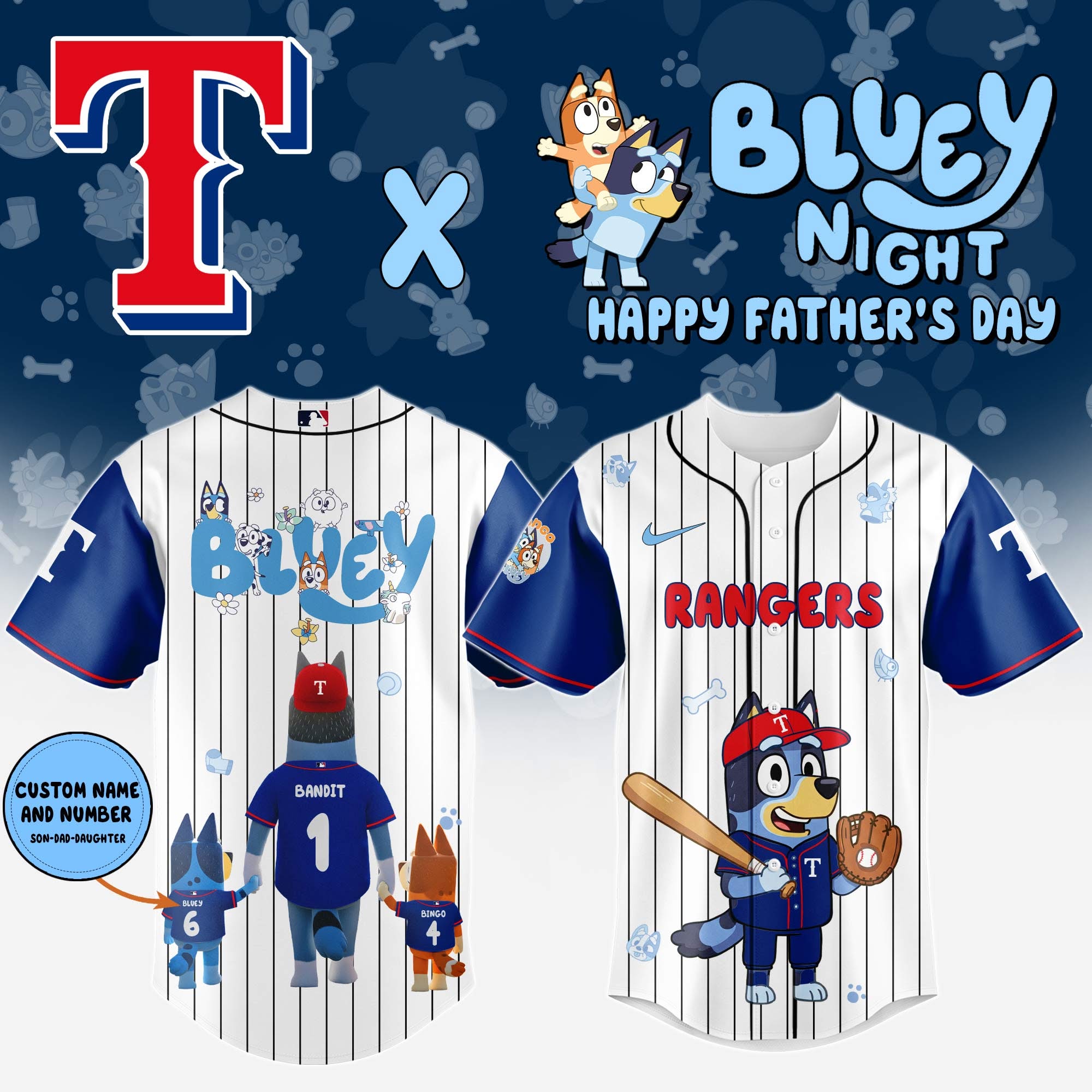 Texas Ranger Merch Bluey Night Happy Father'S Day Ranger Merch Jersey Unique Baseball Gifts For Fans