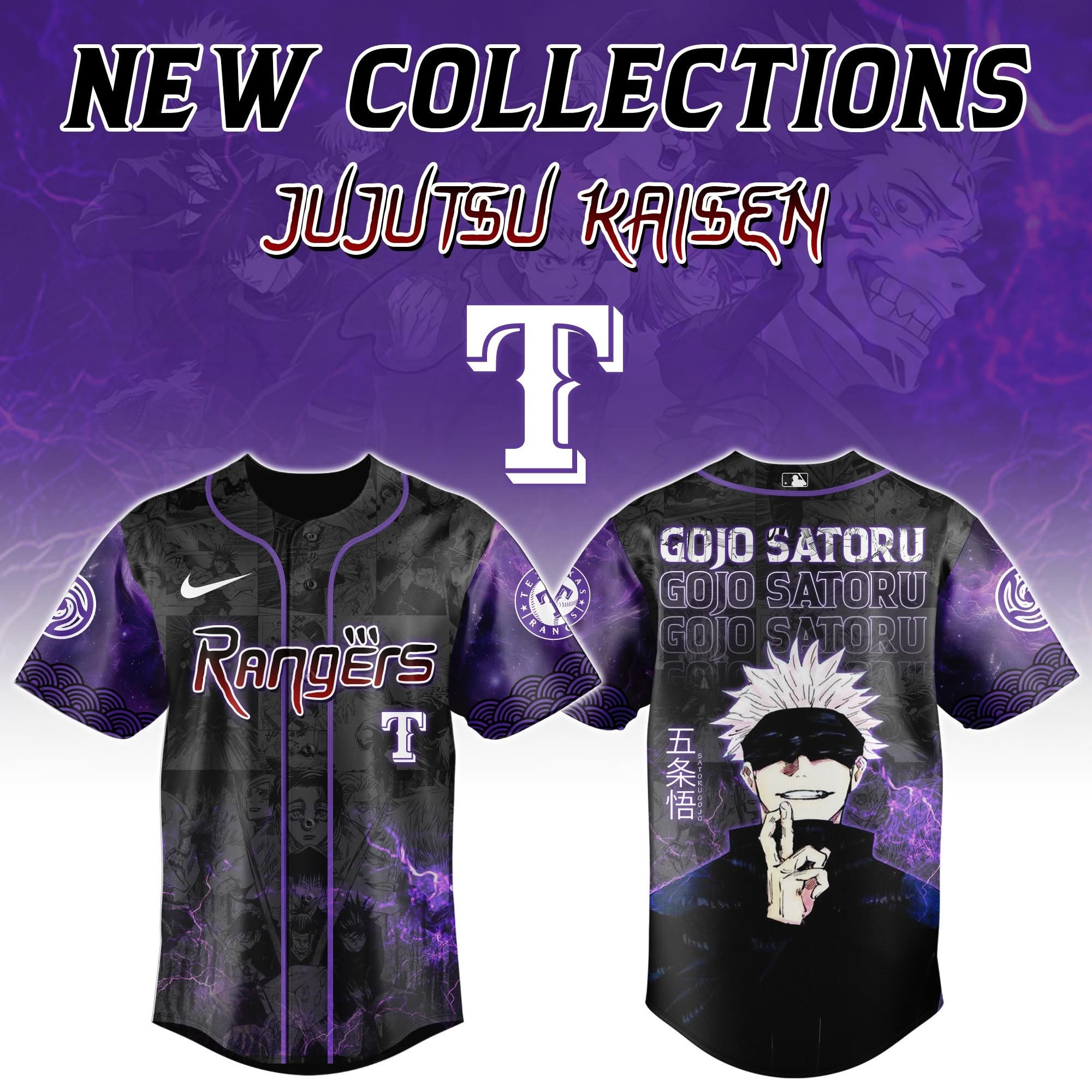 Texas Rangers Jujutsu Kaisen Gojo Baseball Jersey Unique Anime Fans Merch Gift For Son