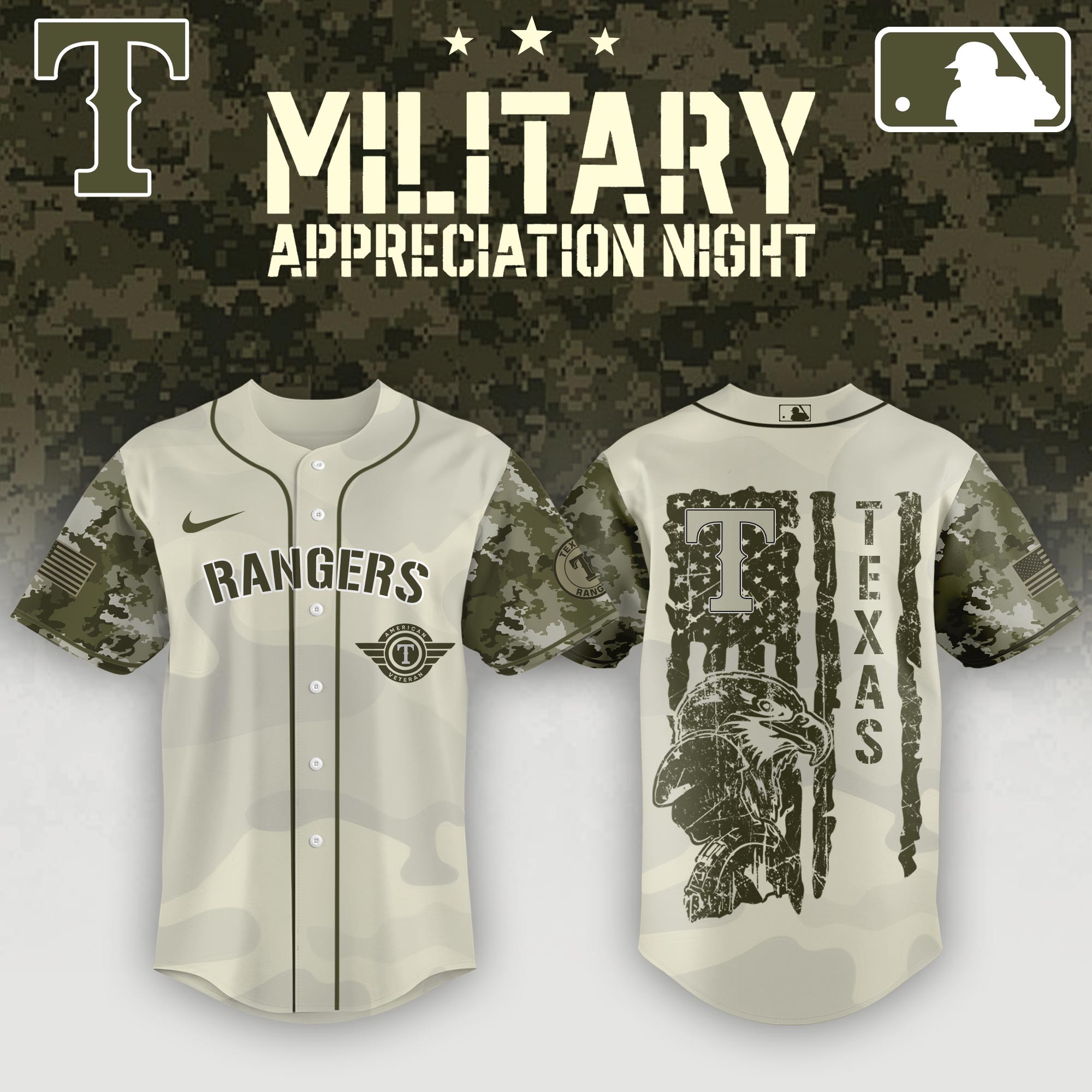 Texas Rangers Military Appreciation Night Camo Jersey Honor Veterans Day Baseball Fan Gifts