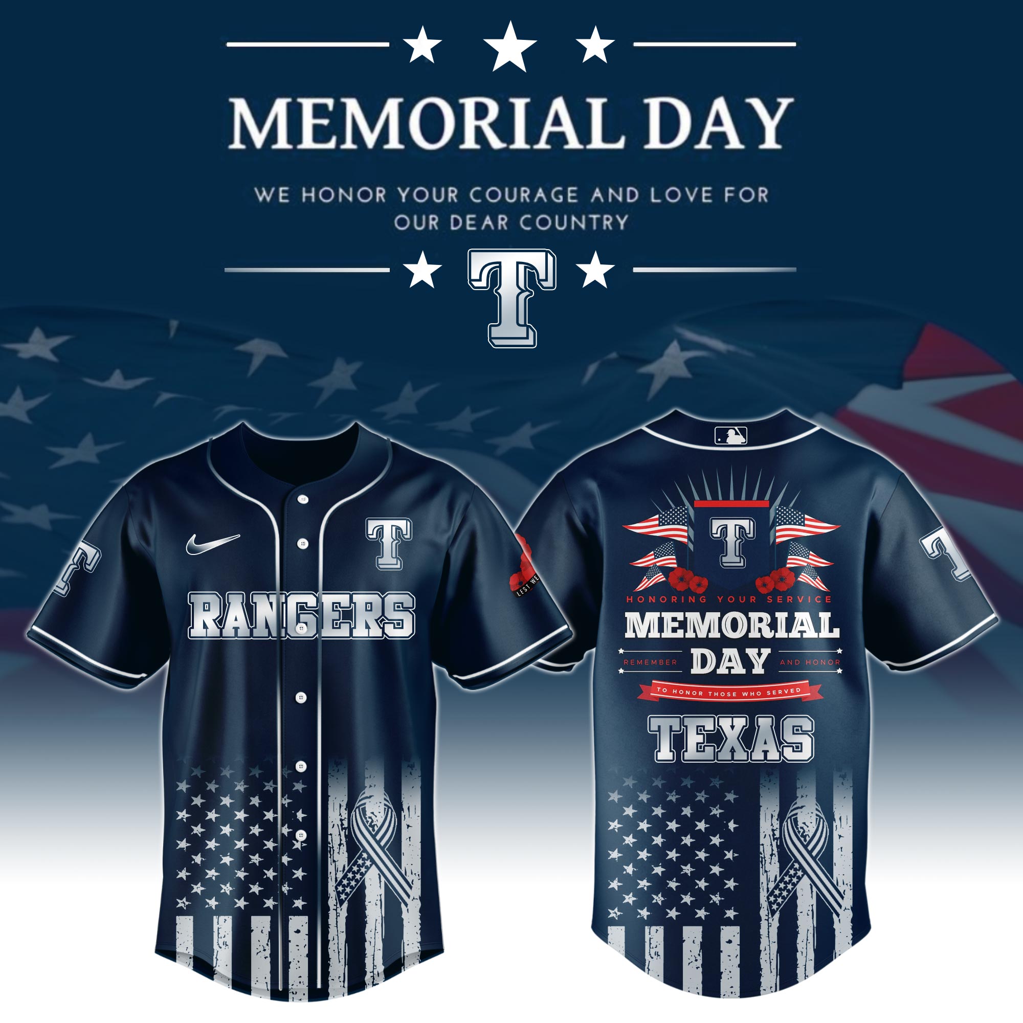 Texas Rangers Special Memorial Day Jersey Gifts for Baseball Players