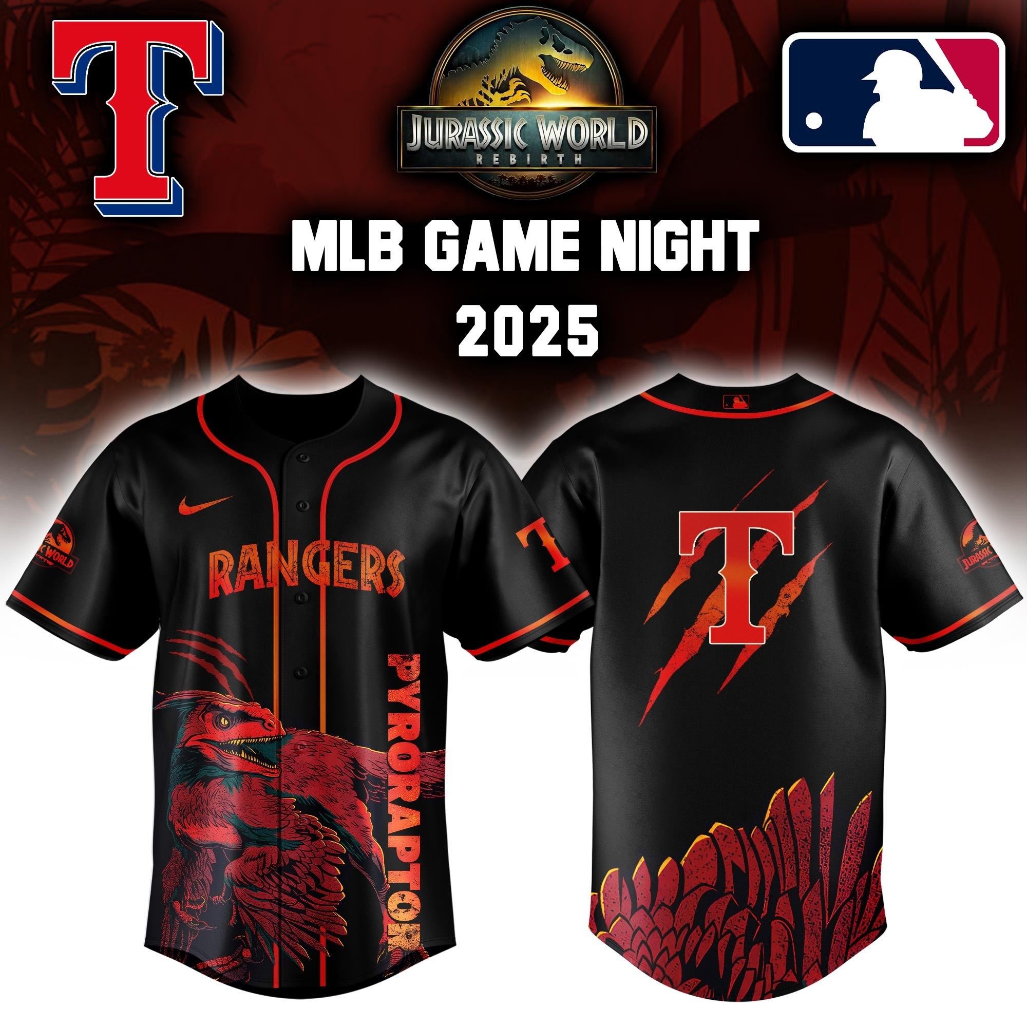 Texas Rangers x Jurassic World Baseball Jersey Baseball Team Gift Ideas