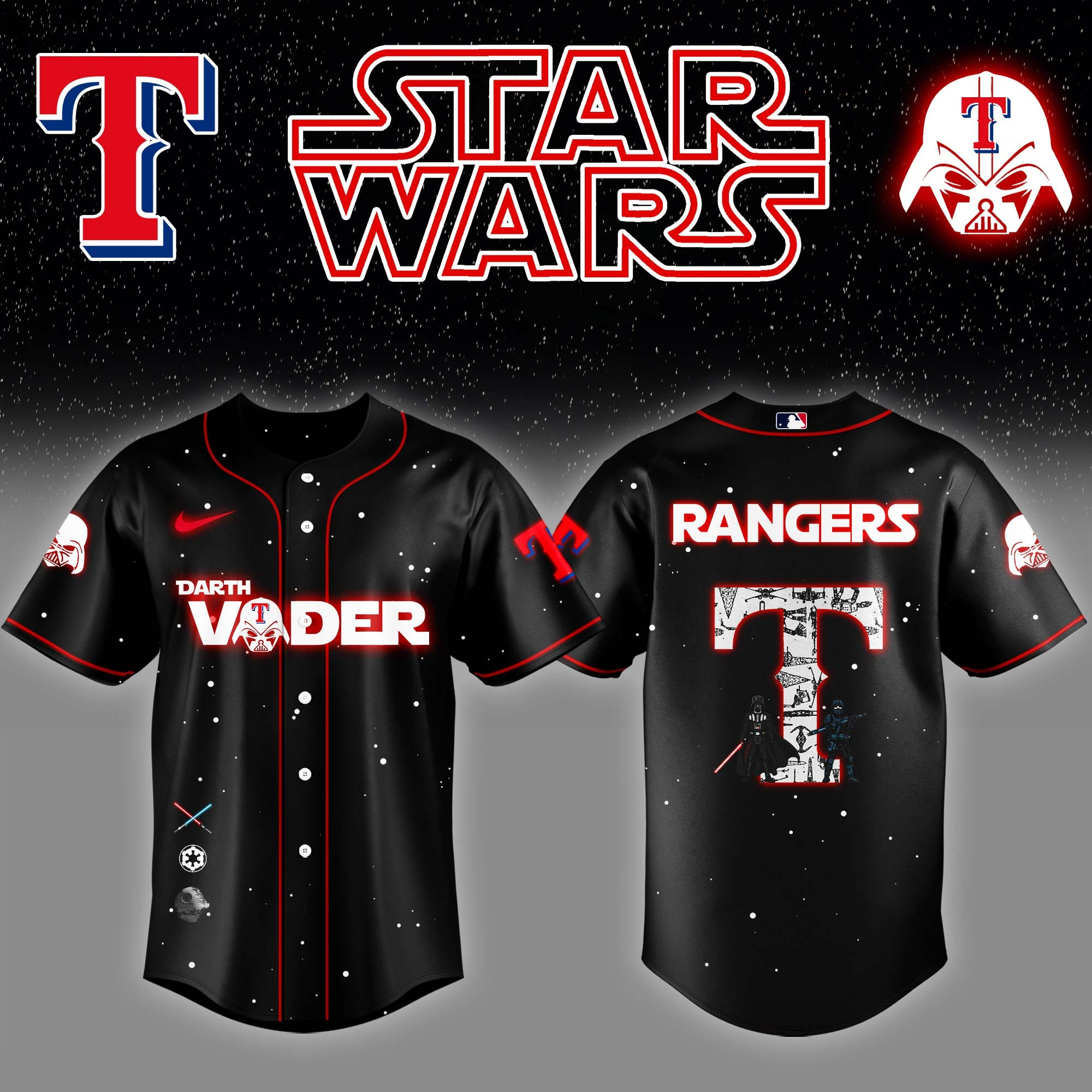 Texas Rangers x Star Wars Darth Vader Night Baseball Jersey Presents For Hockey Lovers