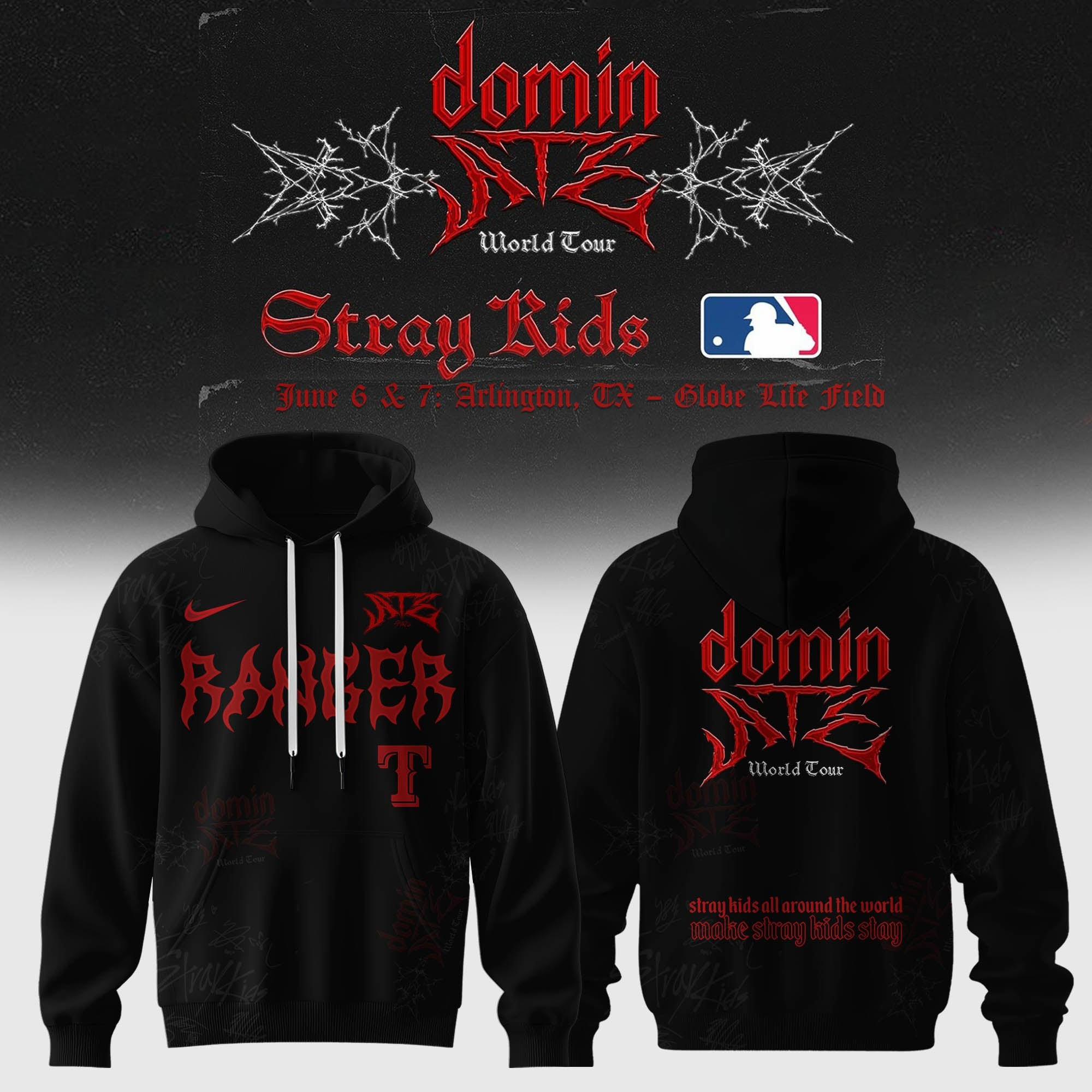 Texas Rangers x Stray Kids Domin Dominate World Tour 2025 Hoodie Gifts For Music Lovers