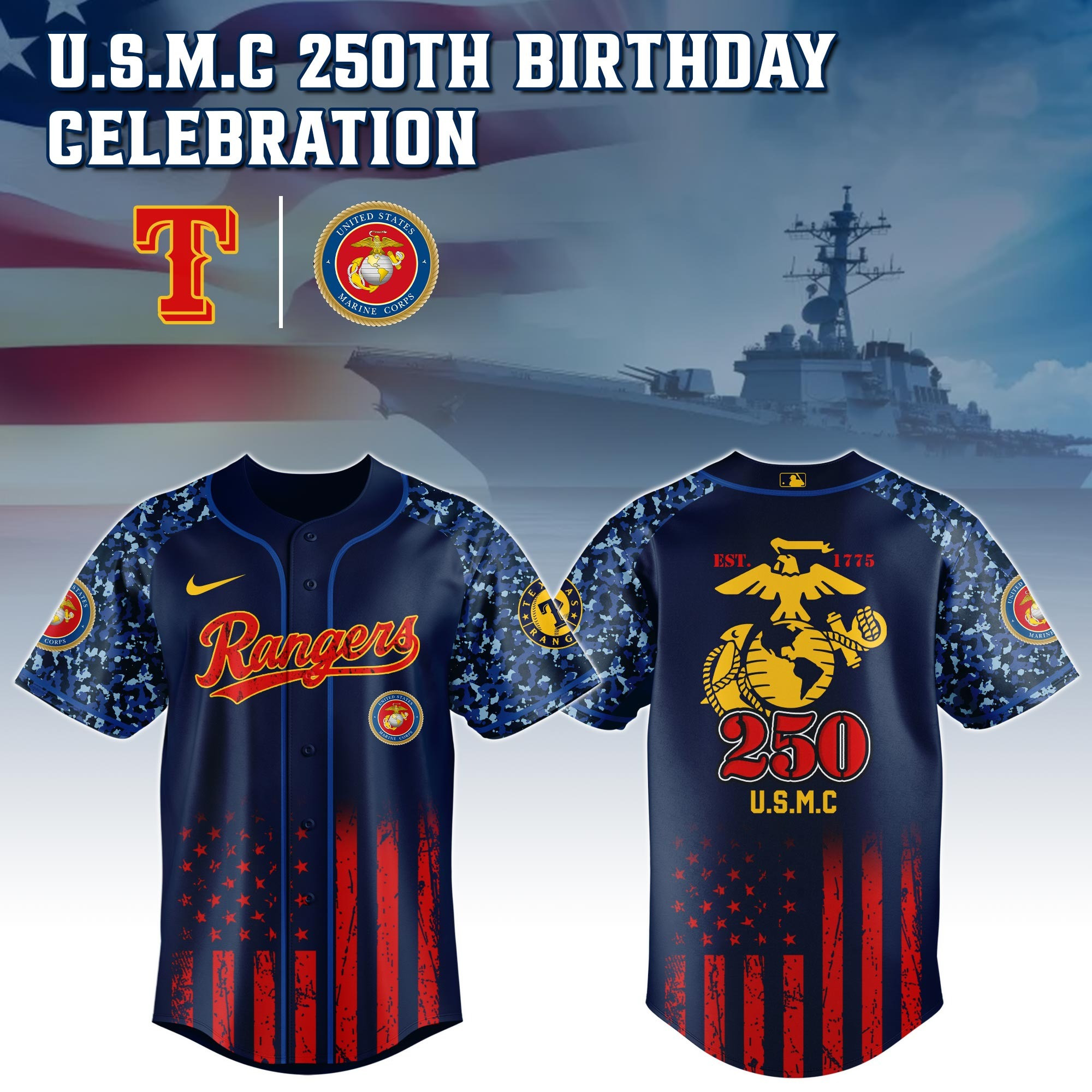 Texas Rangers x US USMC 250th Birthday Jersey Gifts For Baseball Lovers