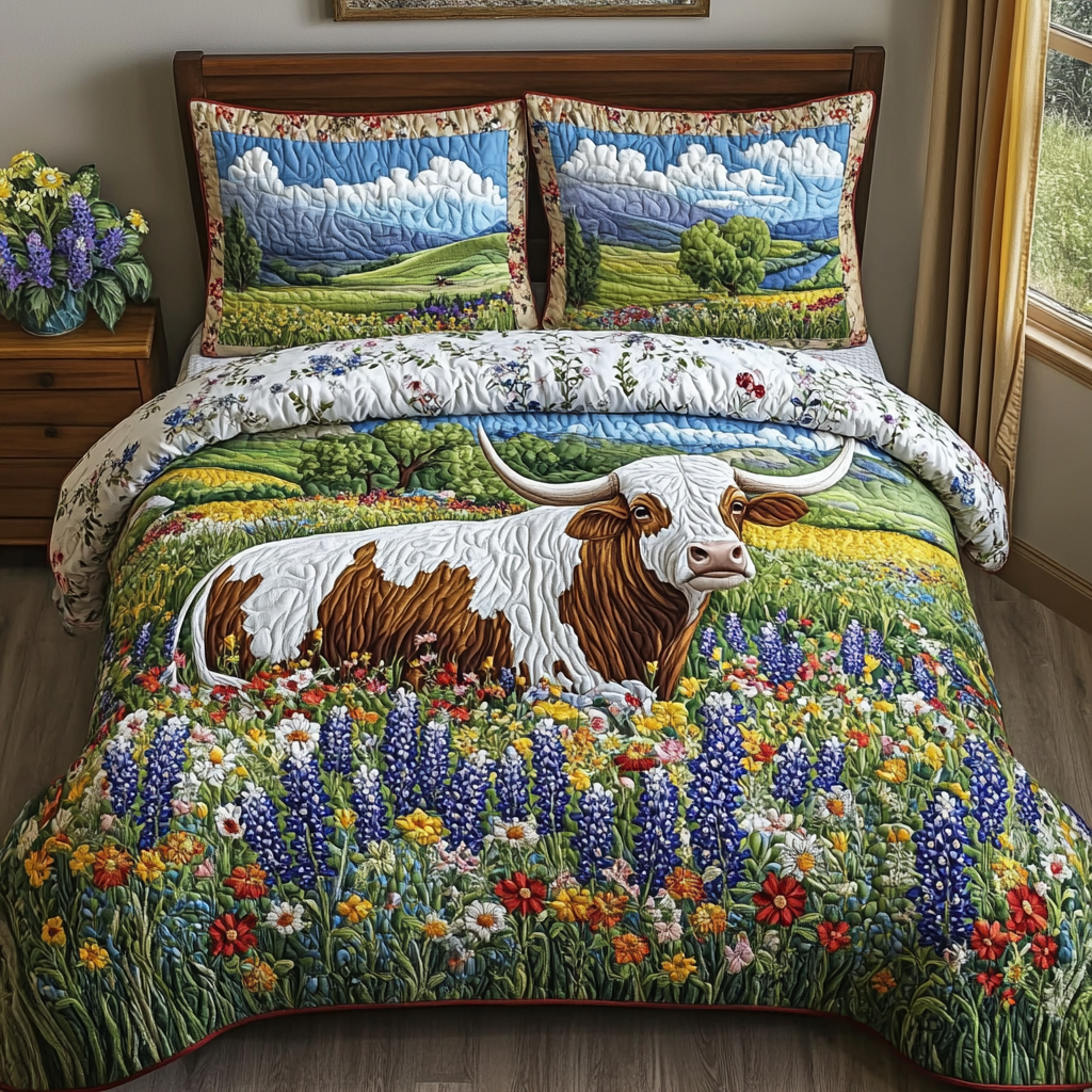 Texas Roots Quilted Bedding Set Cool Bedroom Decor Gifts For Highland Cow Lovers