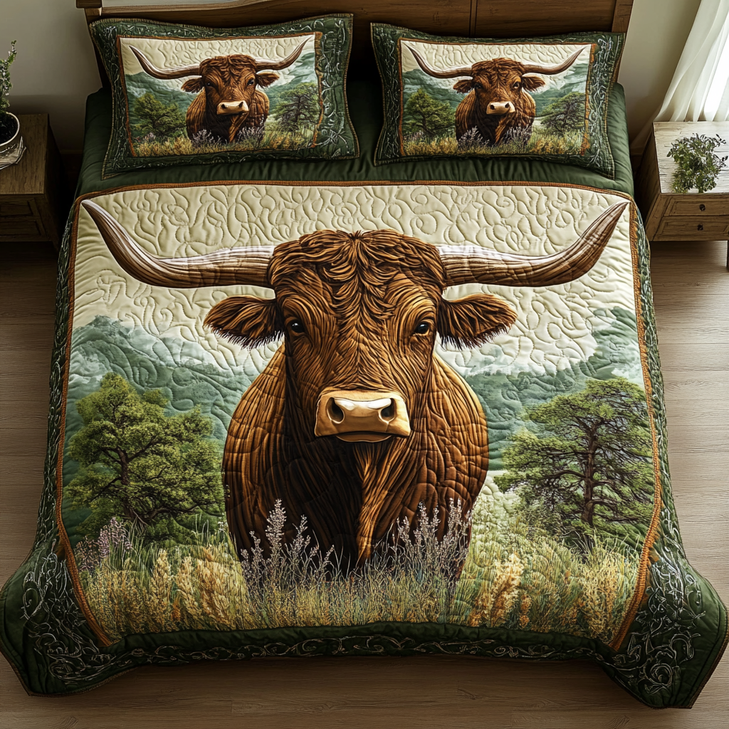 Texas Titan Quilted Bedding Set Holiday Duvet Cover Set Highland Cow Merchandise