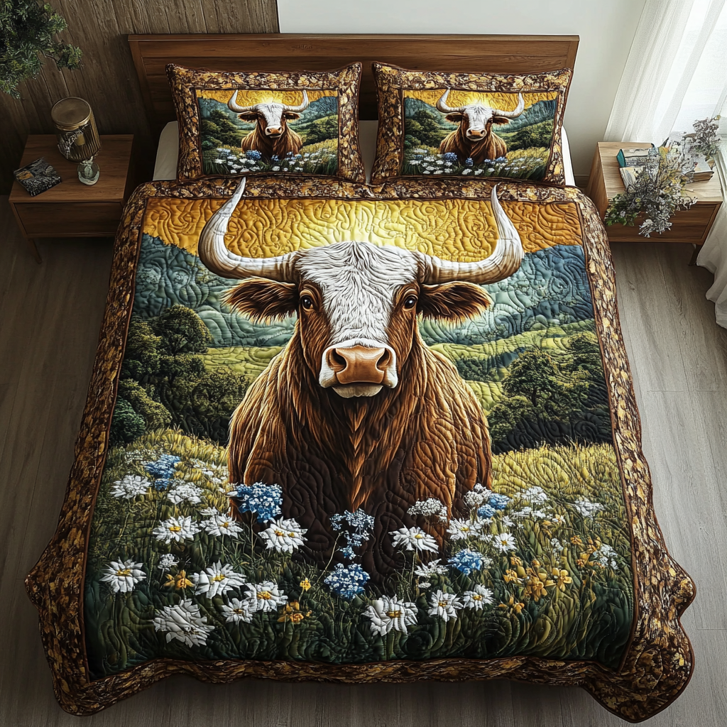 Texas Trails Quilted Bedding Set Cute Bedroom Decor Highland Cow Presents