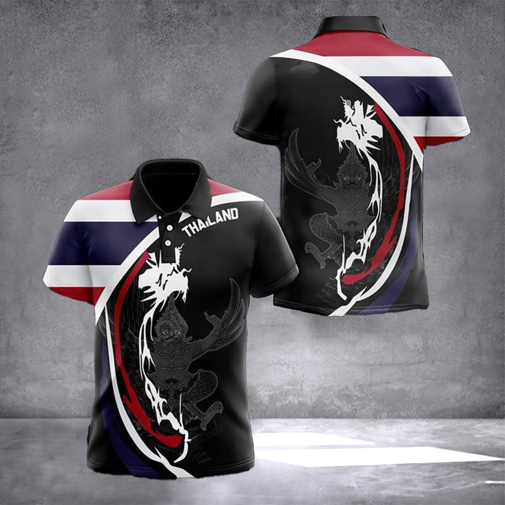 Thailand Textize Waves Polo Shirt Thailand Flag Coat Of Arms Emblem Golf Shirt