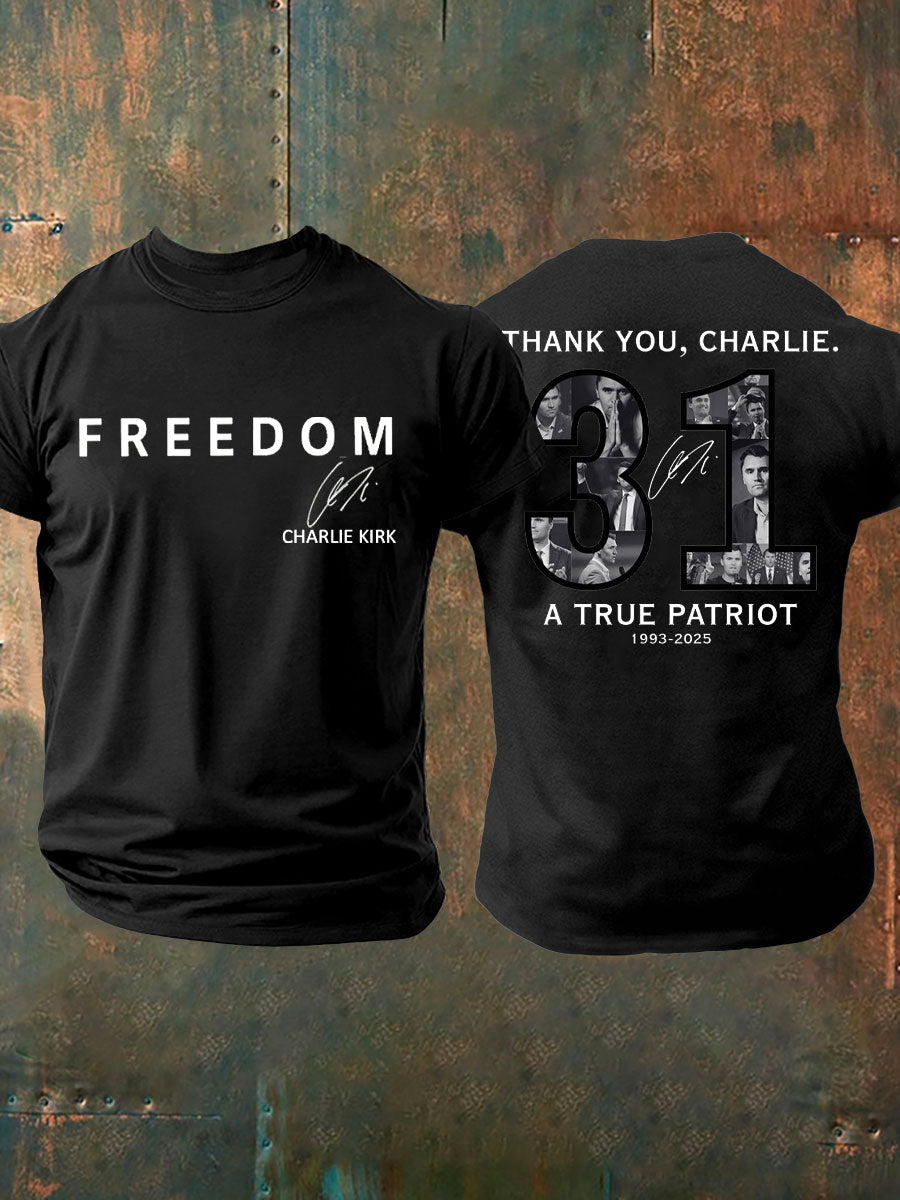 Thank You Charlie 31 True Patriot Printed T Shirt Black Charlie Kirk Memorial Clothing