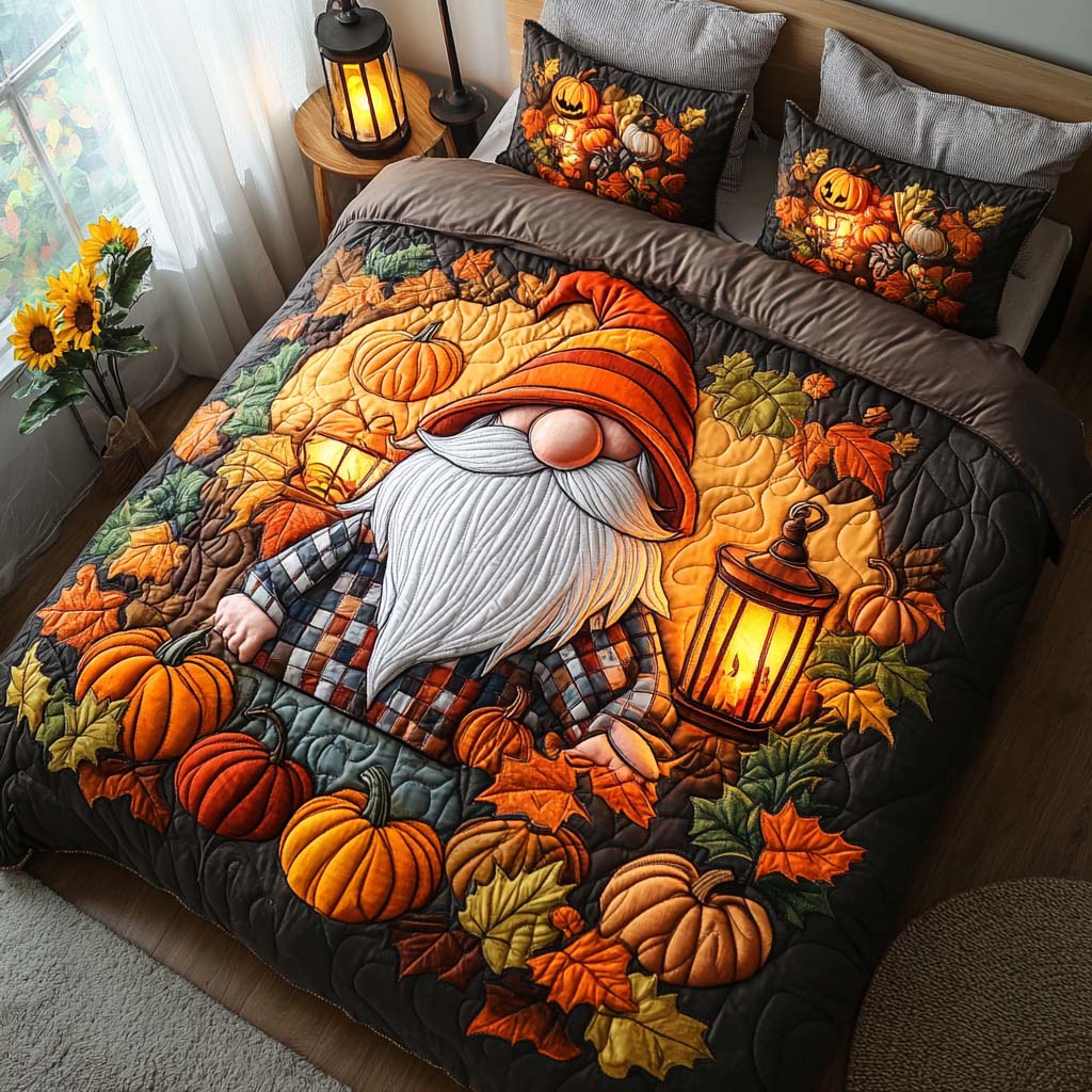 Thankful Gnome Spirit Quilted Bedding Set Cool Bedroom Decor Autumn Themed Gifts