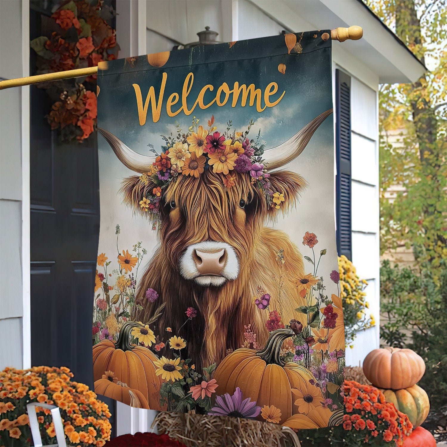 Thankful Highland Cow House Flag Welcome Thanksgiving Season Yard Decor Gift For Cow Lover
