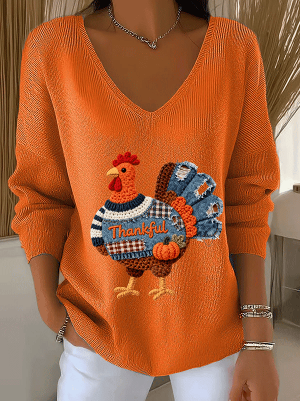 Thankful Turkey V-Neck Long Sleeve Thanksgiving Clothing Turkey Lovers Presents