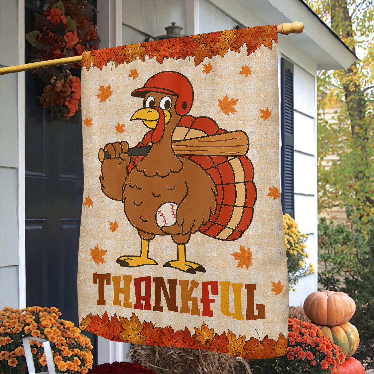 Thanksgiving Baseball Garden Flag Thankful Turkey Outdoor Decor Gift For Baseball Lovers