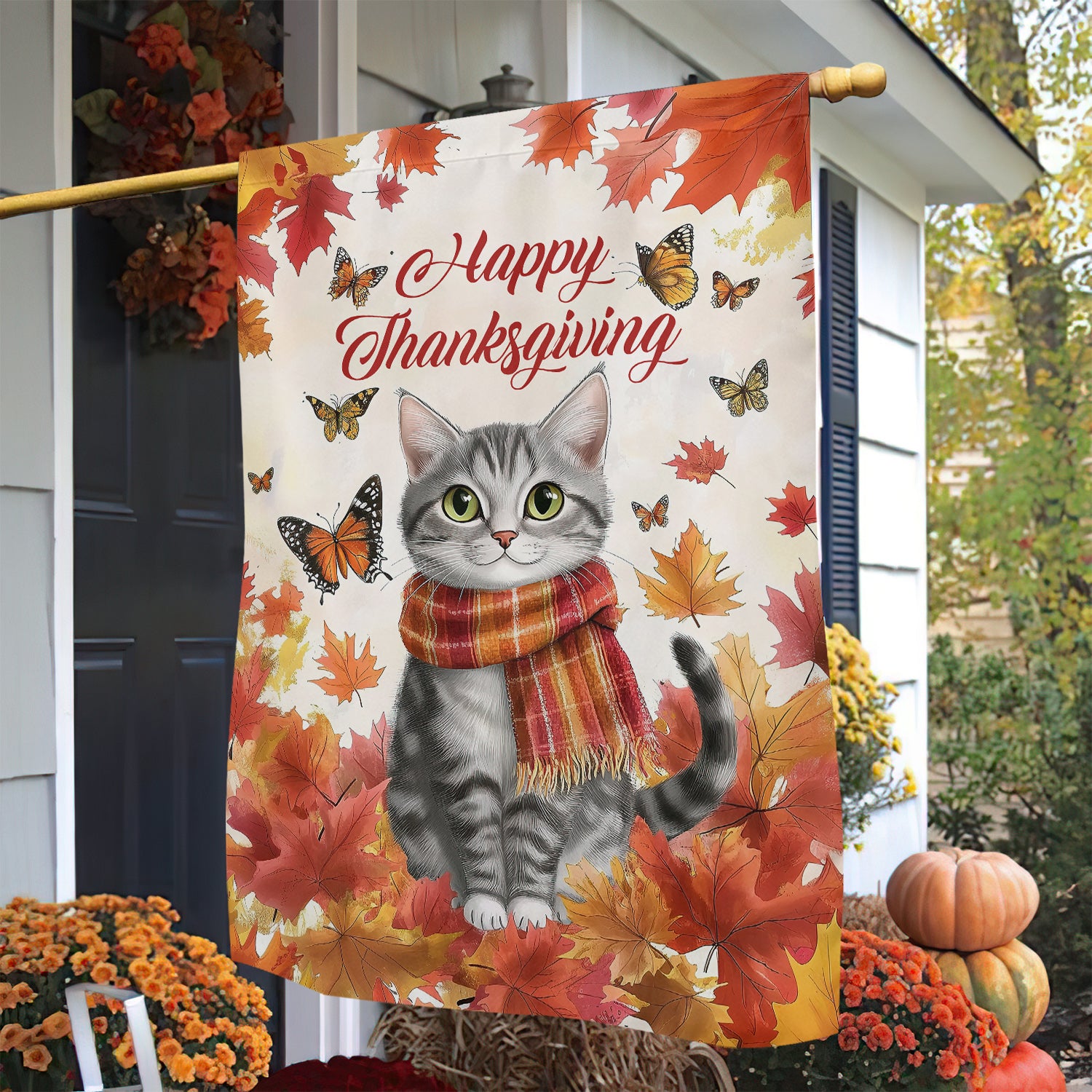 Thanksgiving Cat Garden Flag Happy Thanksgiving Outdoor Decor Yard Decor Gift For Cat Lover
