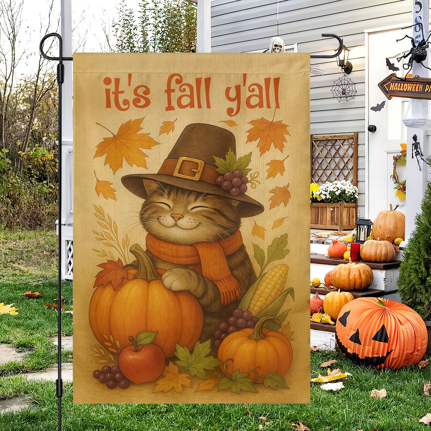 Thanksgiving Cat Garden House Flag Its Fall Yall Outdoor Decor Yard Decor Gift For Cat Owners