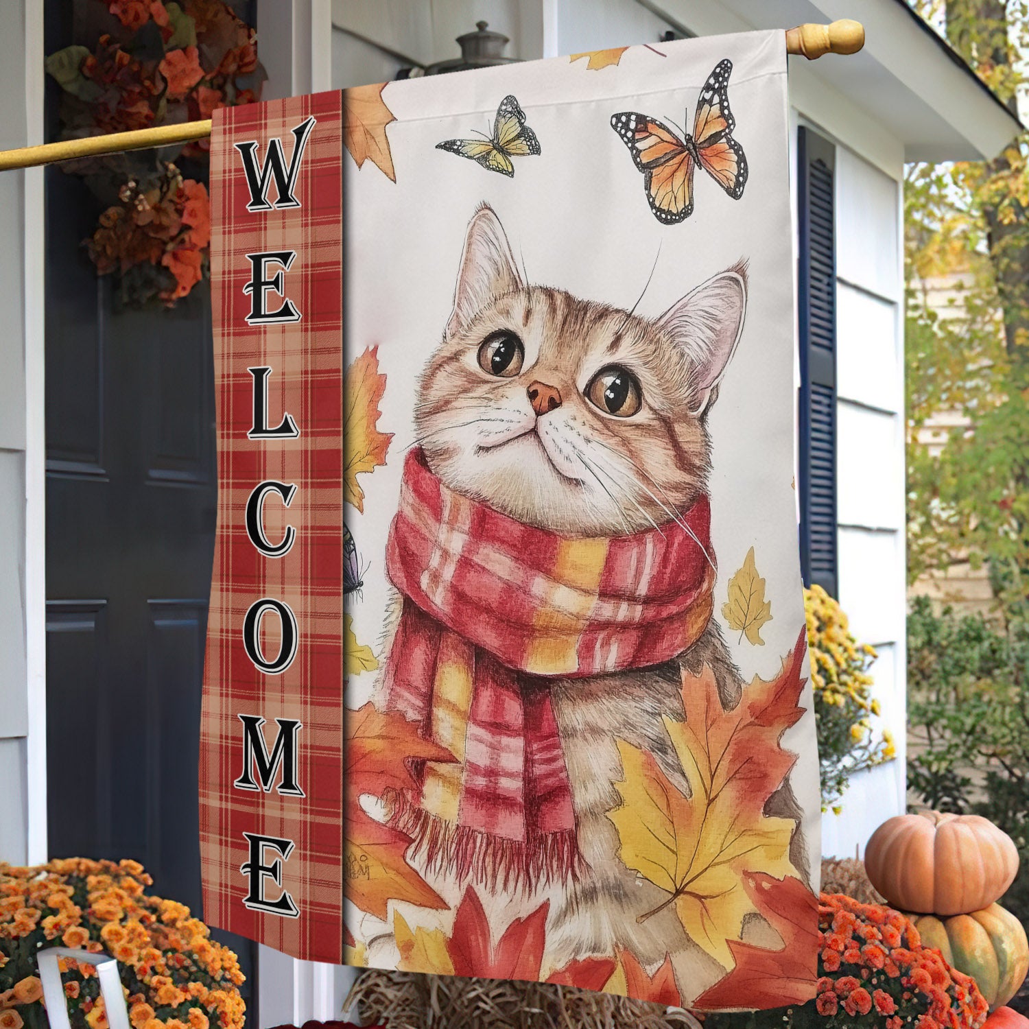 Thanksgiving Cat Garden House Flag Welcome Outdoor Decor Give Thanks Gift For Cat Lovers