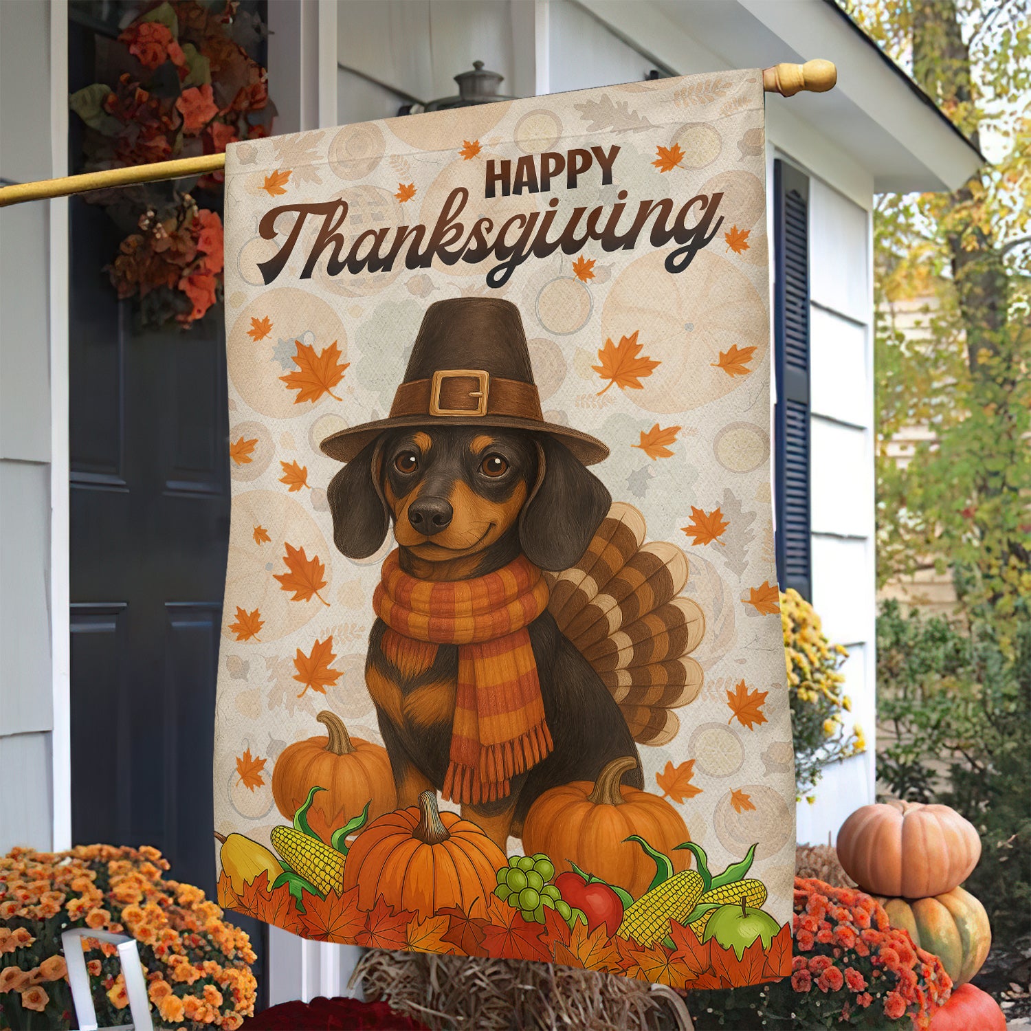 Thanksgiving Dachshund Garden Flag Happy Thanksgiving Outdoor Decor Give Thanks Dog Lover Gift