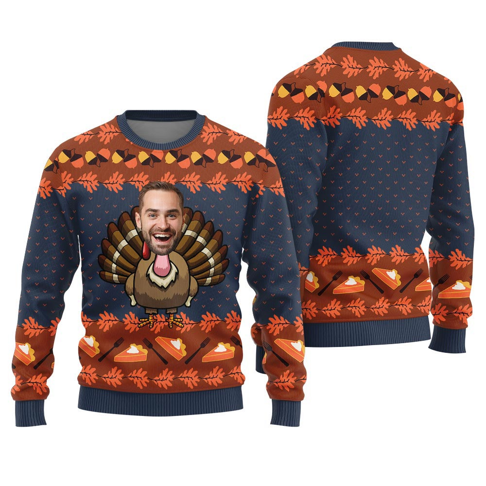 Thanksgiving Day Sweater Custom Face Turkey Navy Ugly Christmas Sweater For Men