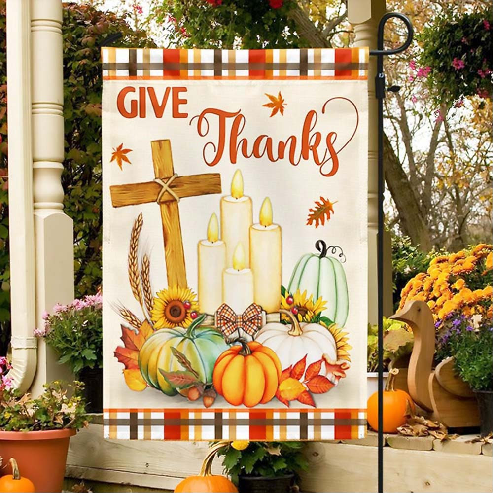 Thanksgiving Fall Flag Give Thanks Jesus Christ Cross Pumpkins Thanksgiving Flag Perfect Gift For Friend and Family on Halloween Day