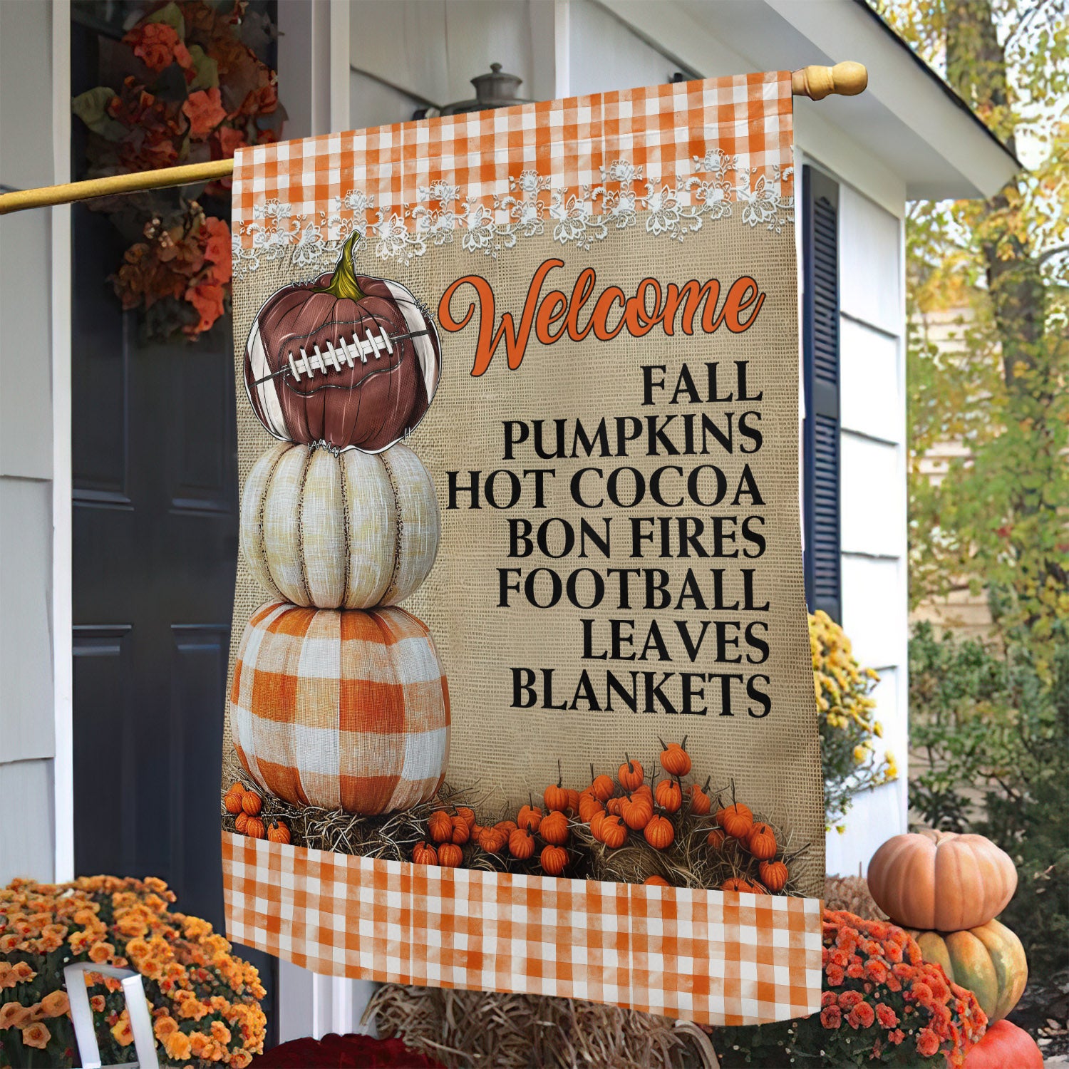 Thanksgiving Football Garden Flag Welcome Fall Pumpkins Outdoor Decor Gift For Football Lovers