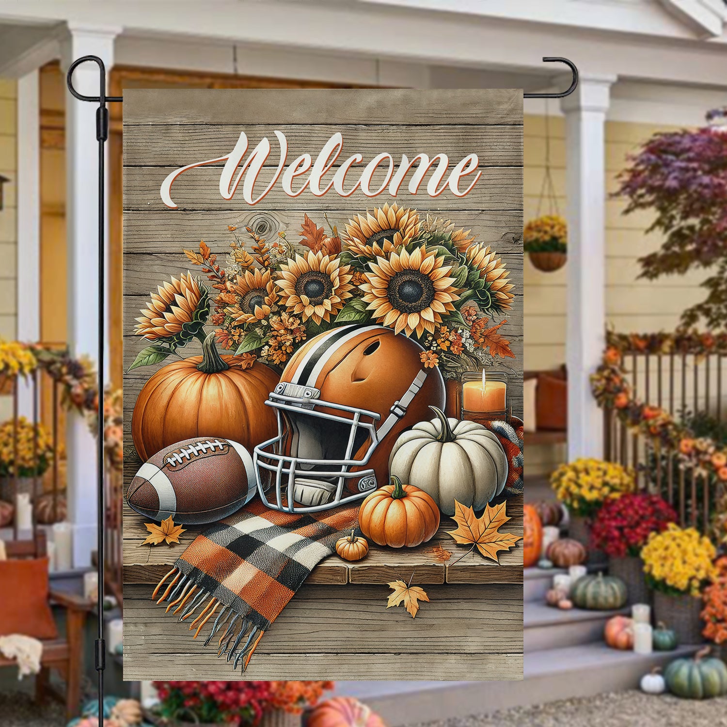 Thanksgiving Football Garden Flag Welcome Thankful Autumn Yard Decor Gift For Football Lovers