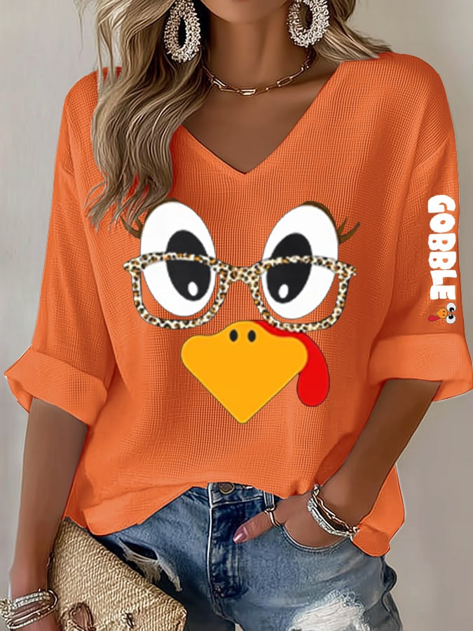 Thanksgiving Gobble Turkey V-Neck Long Sleeve Shirt Retro Thanksgiving Gifts For Her