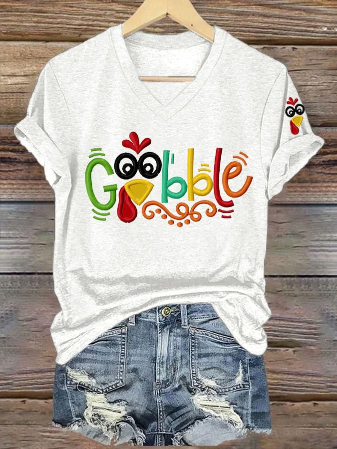 Thanksgiving Gobble Turkey V-Neck Shirt Thanksgiving Wear Merch Gifts For Her