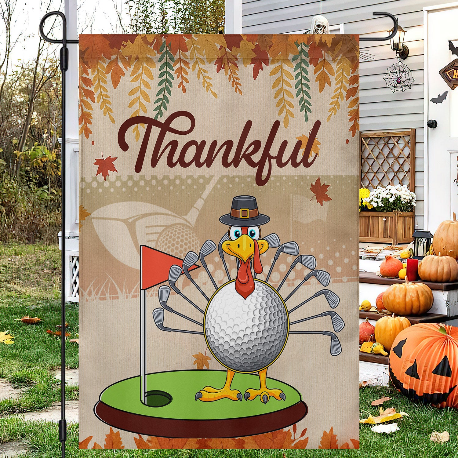 Thanksgiving Golf Garden House Flag Thankful Turkey Outdoor Decor Gift For Golf Lovers