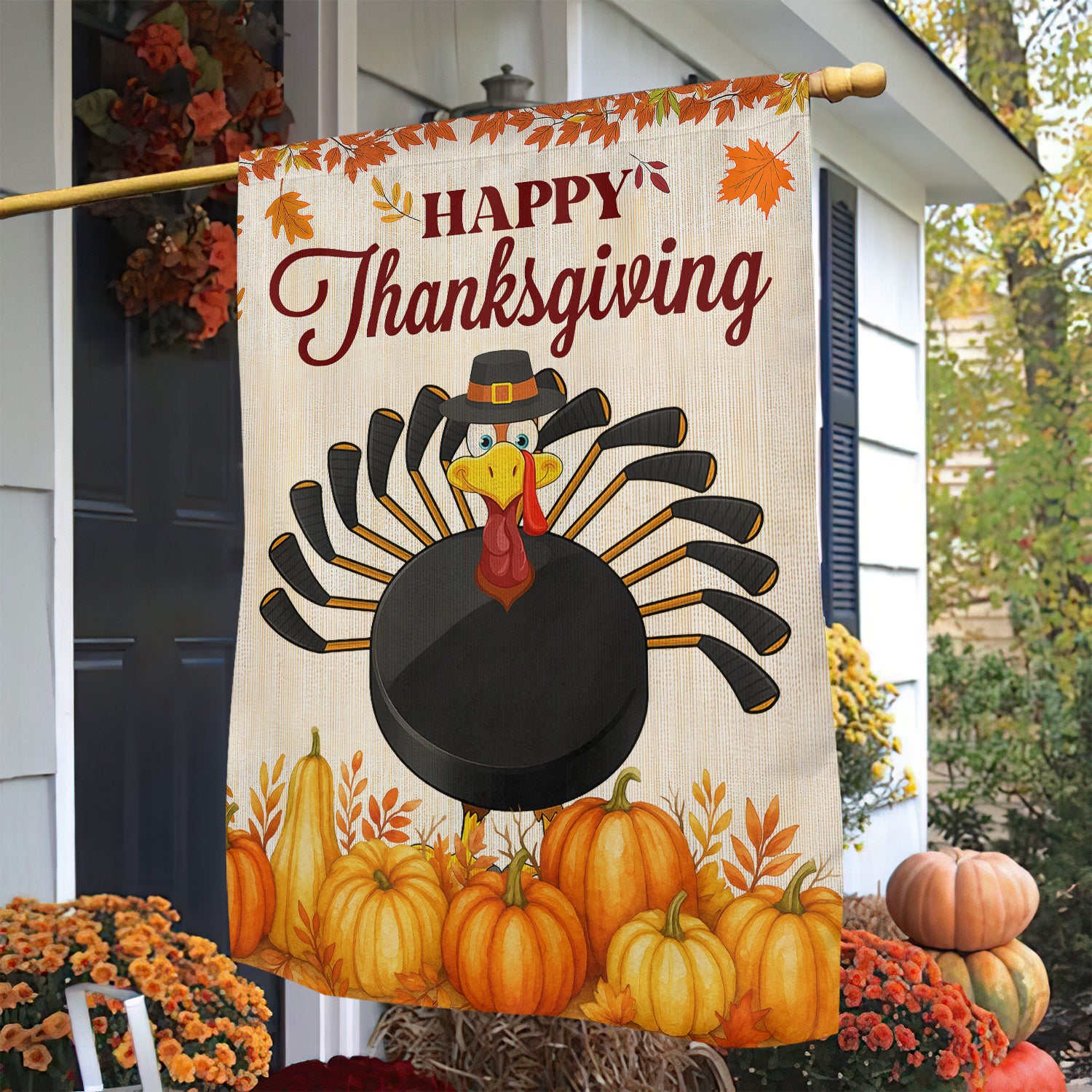 Thanksgiving Hockey Garden Flag Happy Thanksgiving Thankful Turkey Yard Decor Gift For Hockey Fan