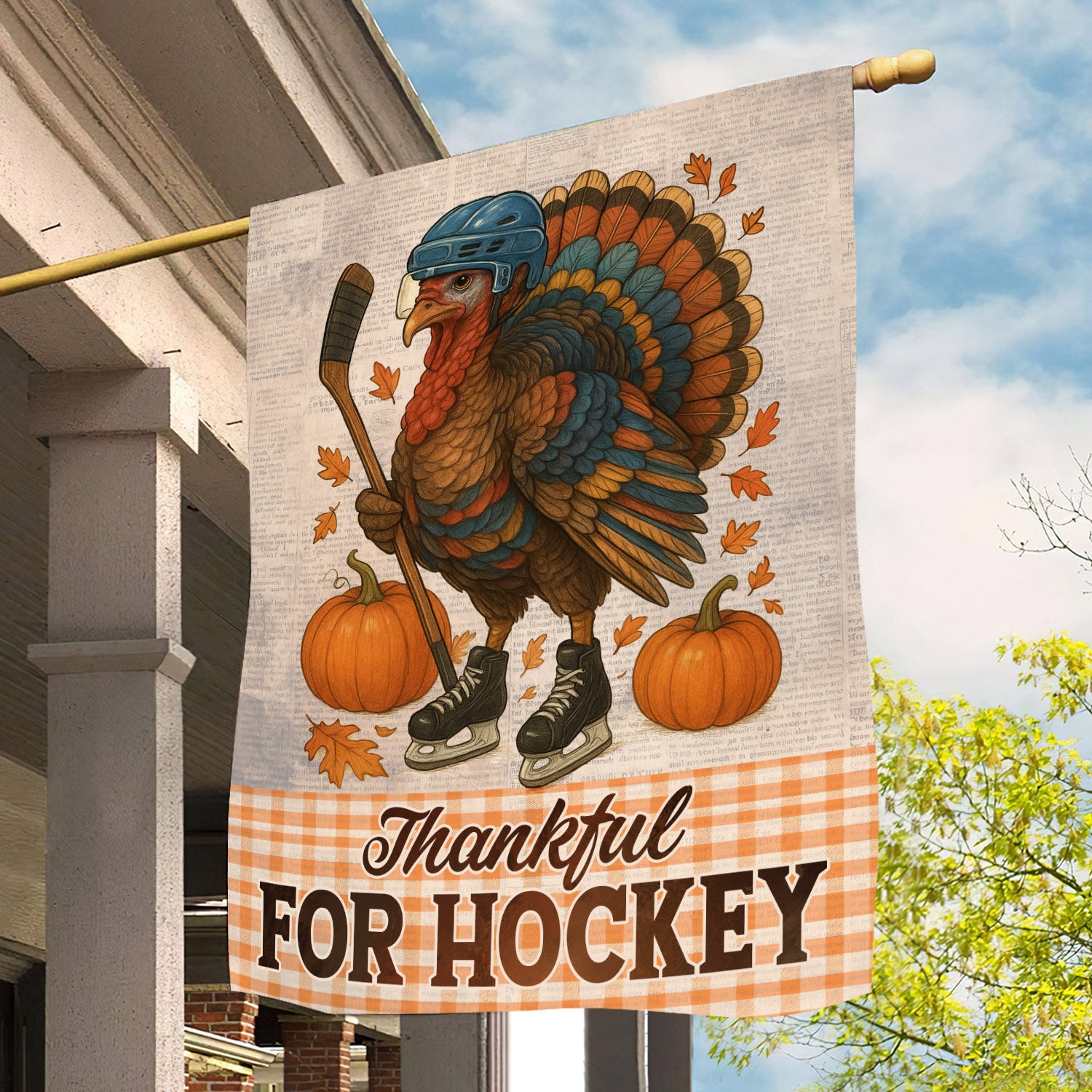 Thanksgiving Hockey Garden Flag Thankful For Hockey Turkey Outdoor Decor Gift For Turkey Lovers