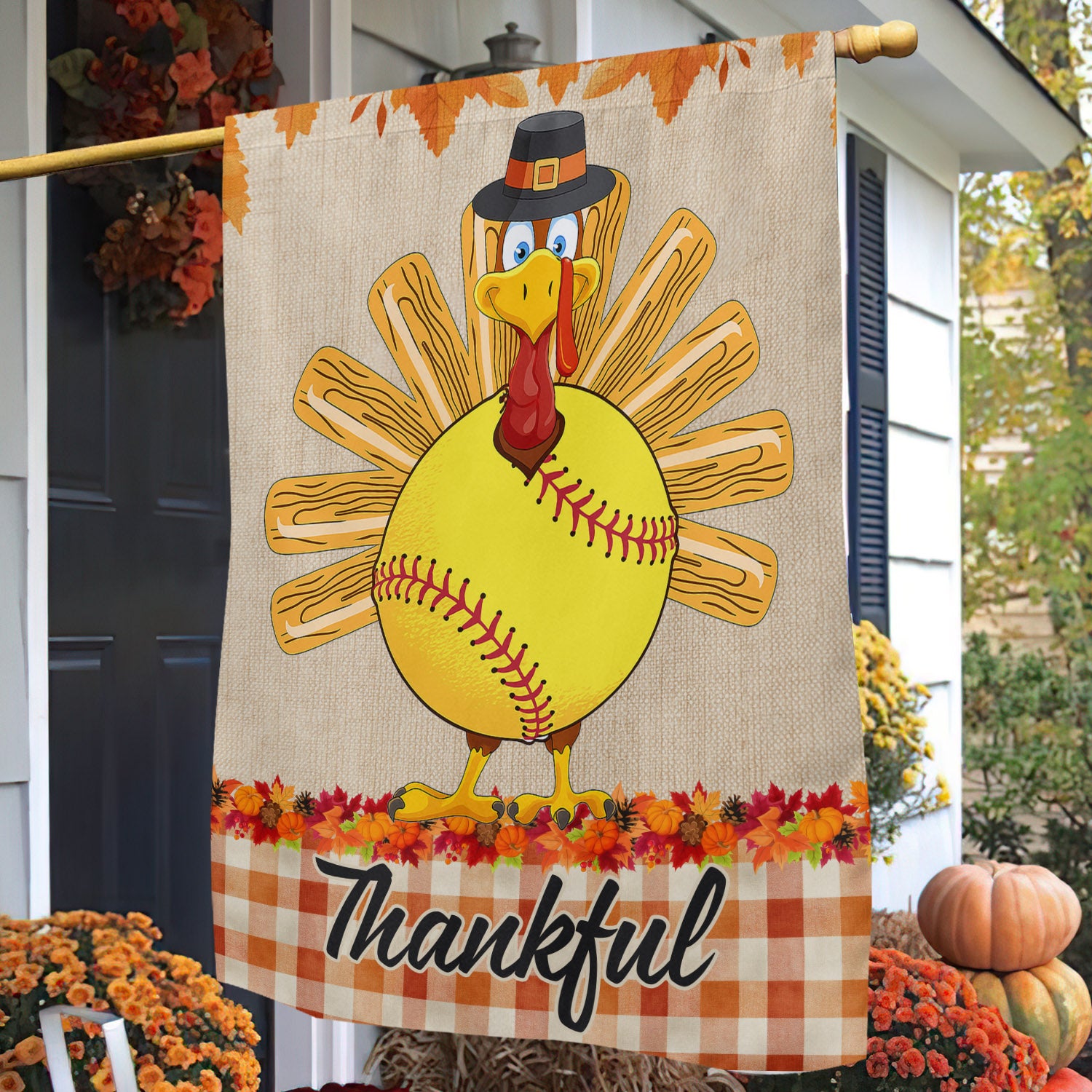 Thanksgiving Softball Garden House Flag Thankful Turkey Outdoor Decor Softball Lovers Gifts
