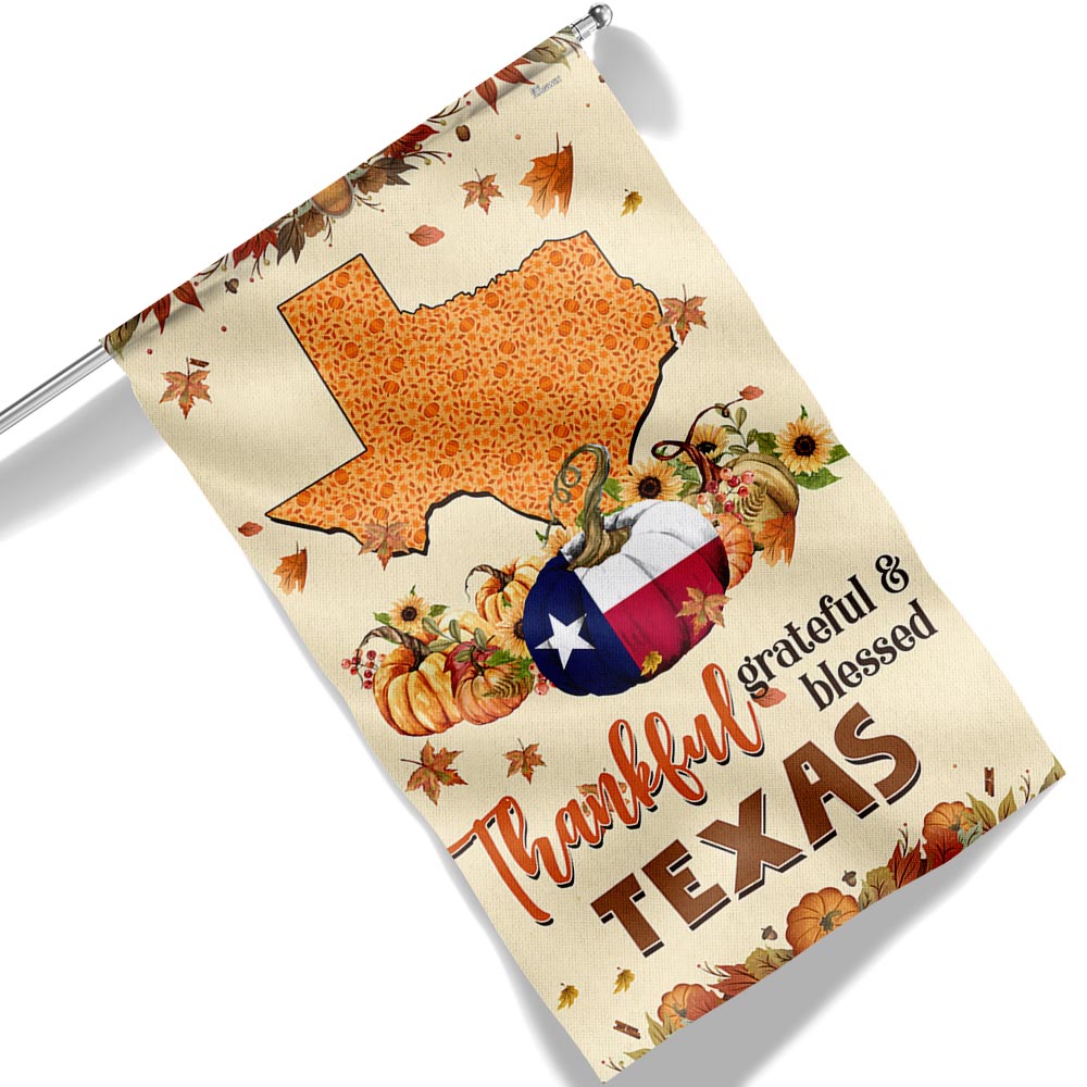 Thanksgiving Texas Flag Thankful Grateful And Blessed Pumpkin Fall Halloween Flag