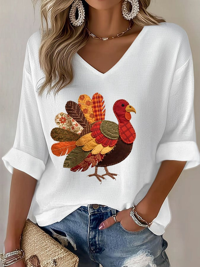 Thanksgiving Turkey V-Neck Long Sleeve Funny Turkey Cartoon Thanksgiving Apparel Gift Ideas