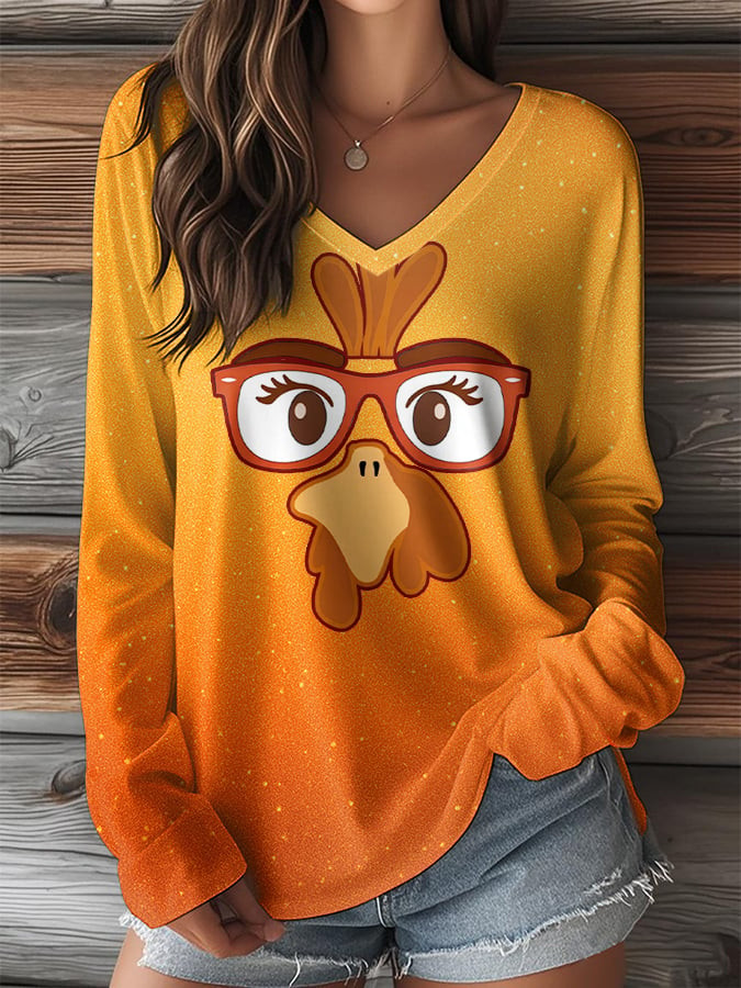 Thanksgiving Turkey With Glass V-Neck Long Sleeve Shirt Cozy Fall Vibes Unique Ideal Gifts