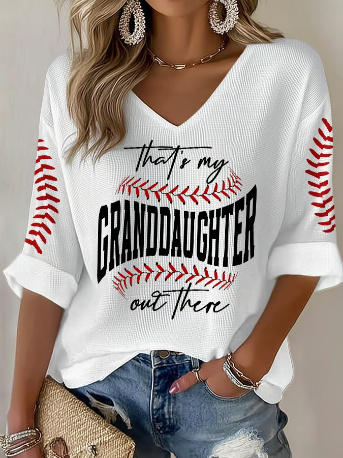 Thats My Granddaughter Out There Baseball V-Neck Long Sleeve Shirt Fan Gear Grandma Gift Best Gift For Family