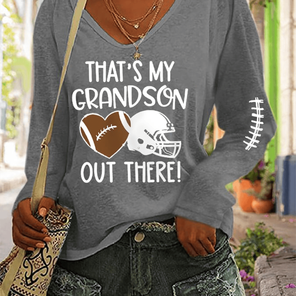 That's My Grandson Out There V-Neck Long Sleeve Shirt Game Day Football Clothing Gift For Fans