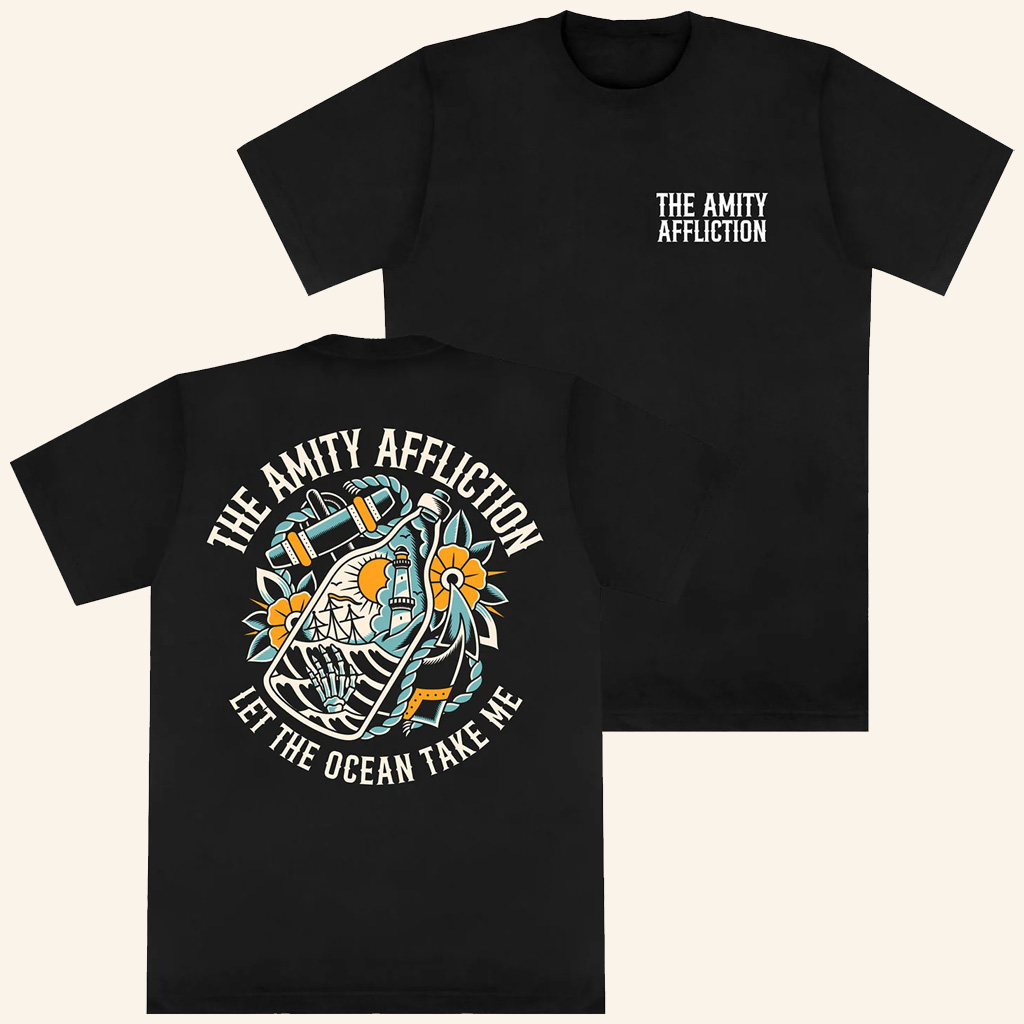 The Amity Affliction Merch Ocean Bottle Black T-Shirt Let The Ocean Take Me Shirt Fan Gifts