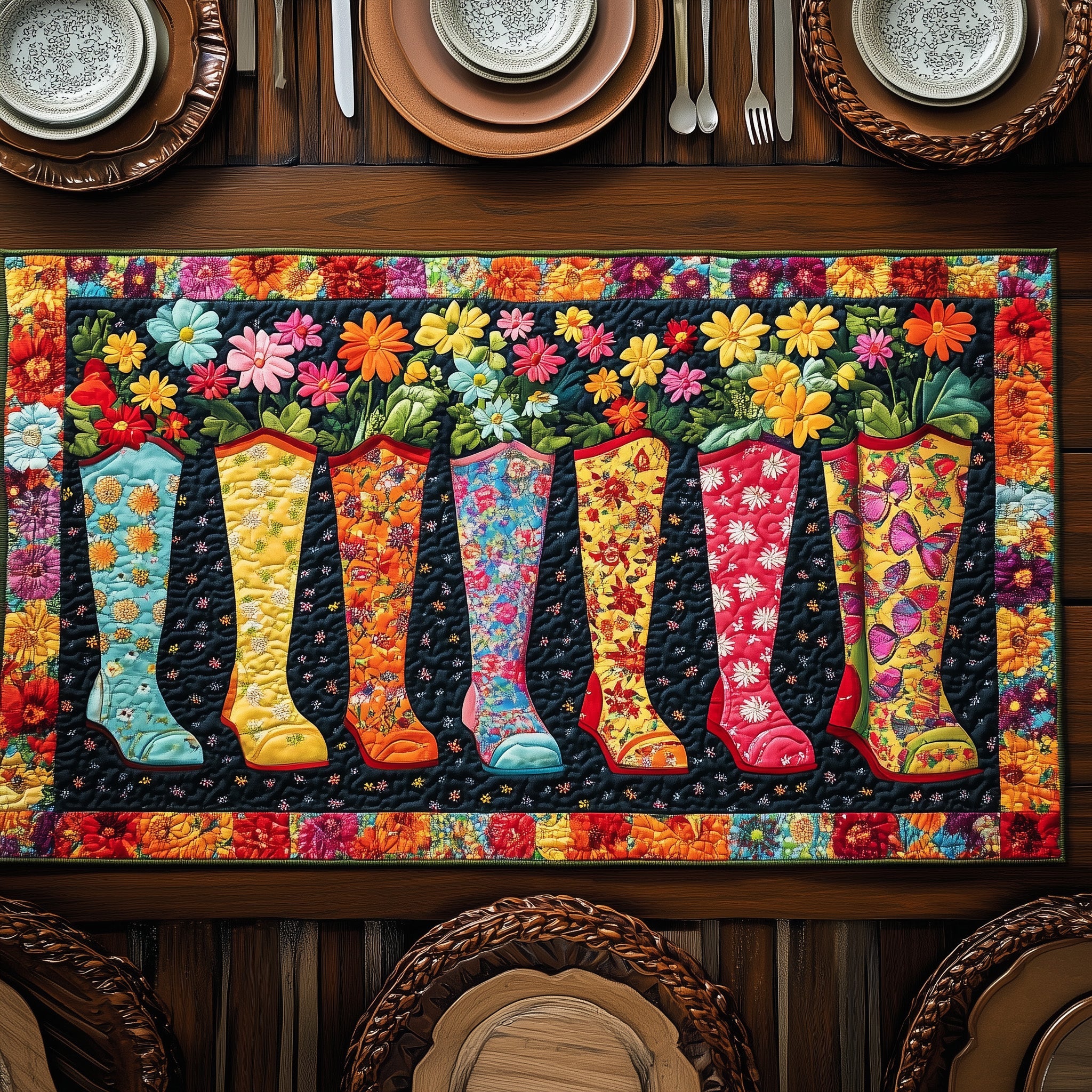 The Bloom Boot Line Quilted Table Runner Holiday Season Table Runner