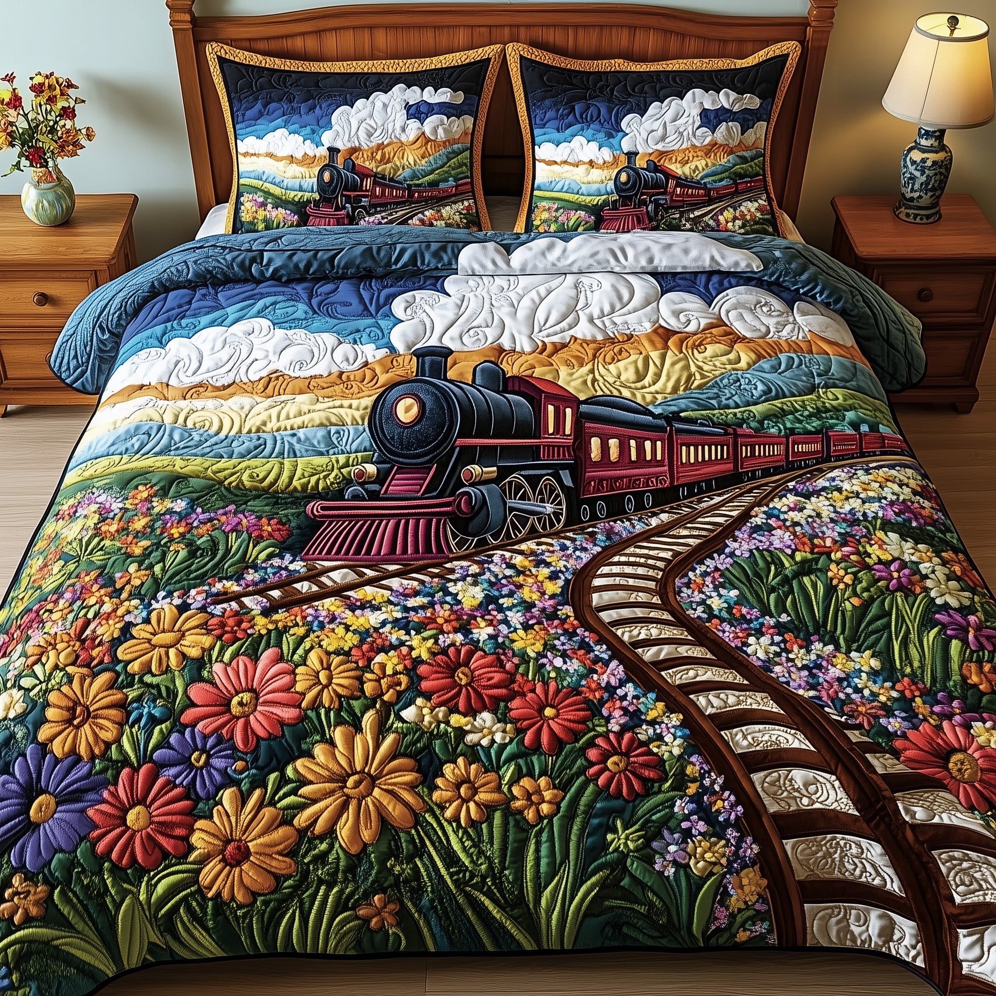 The Bloom Express Quilted Bedding Set Duvet Cover Merchandise Gift Ideas For Train Lovers