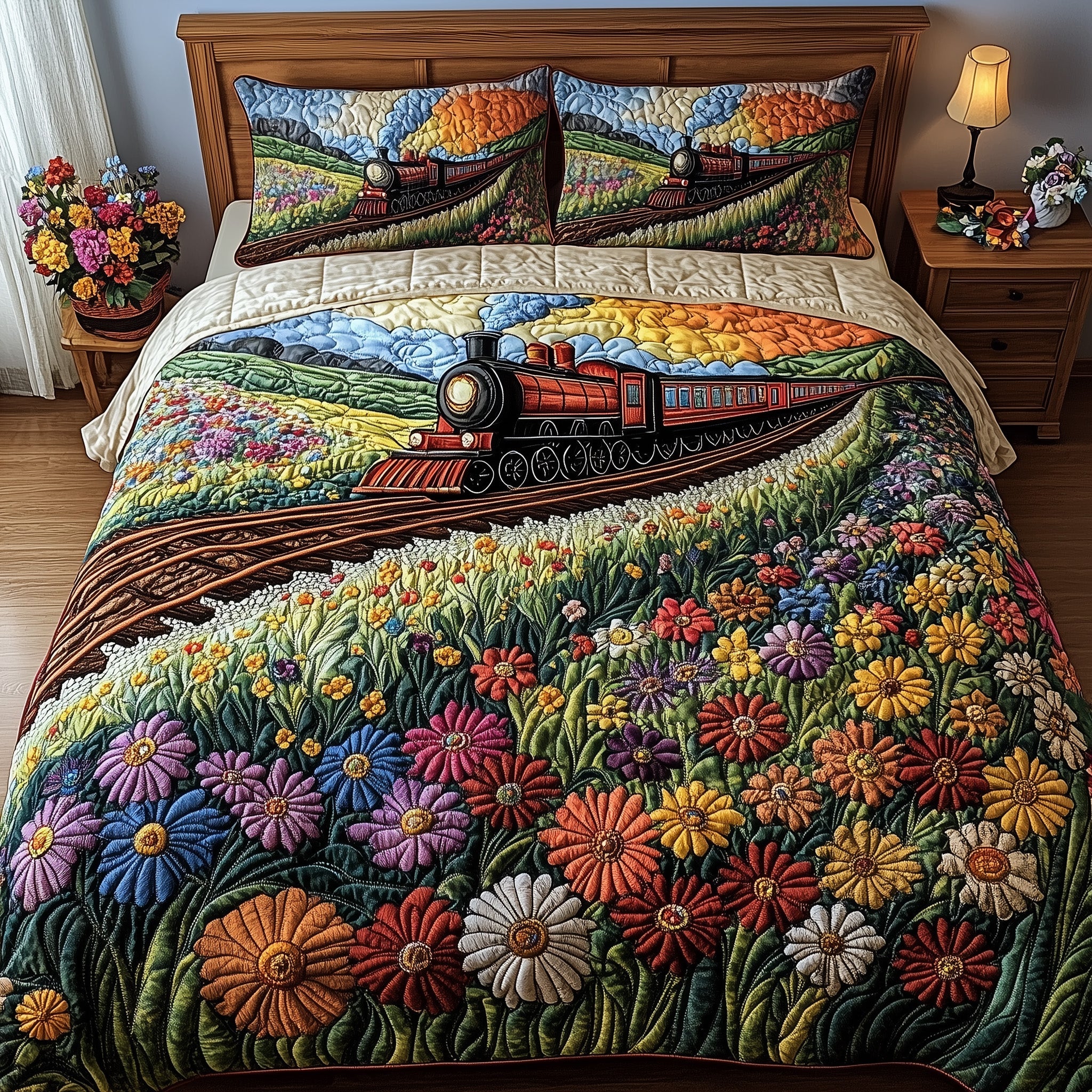 The Bloom Express Quilted Bedding Set Duvet Cover Merchandise Presents For Train Lovers