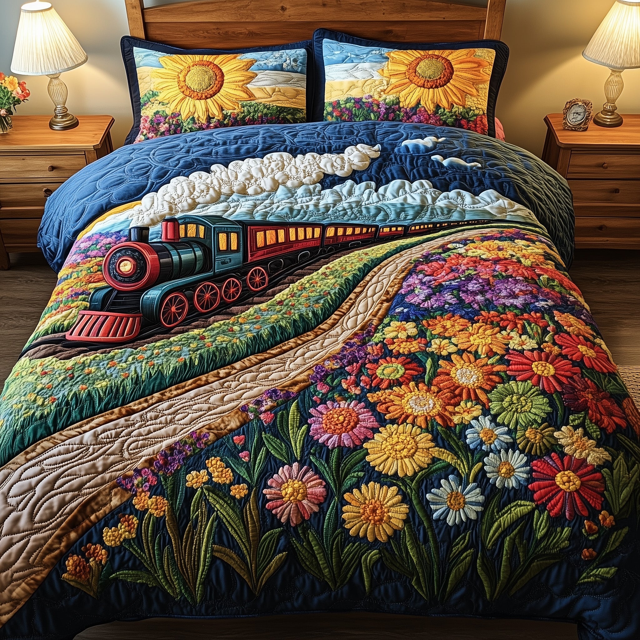 The Bloom Express Quilted Bedding Set Duvet Cover Merchandise Train Presents