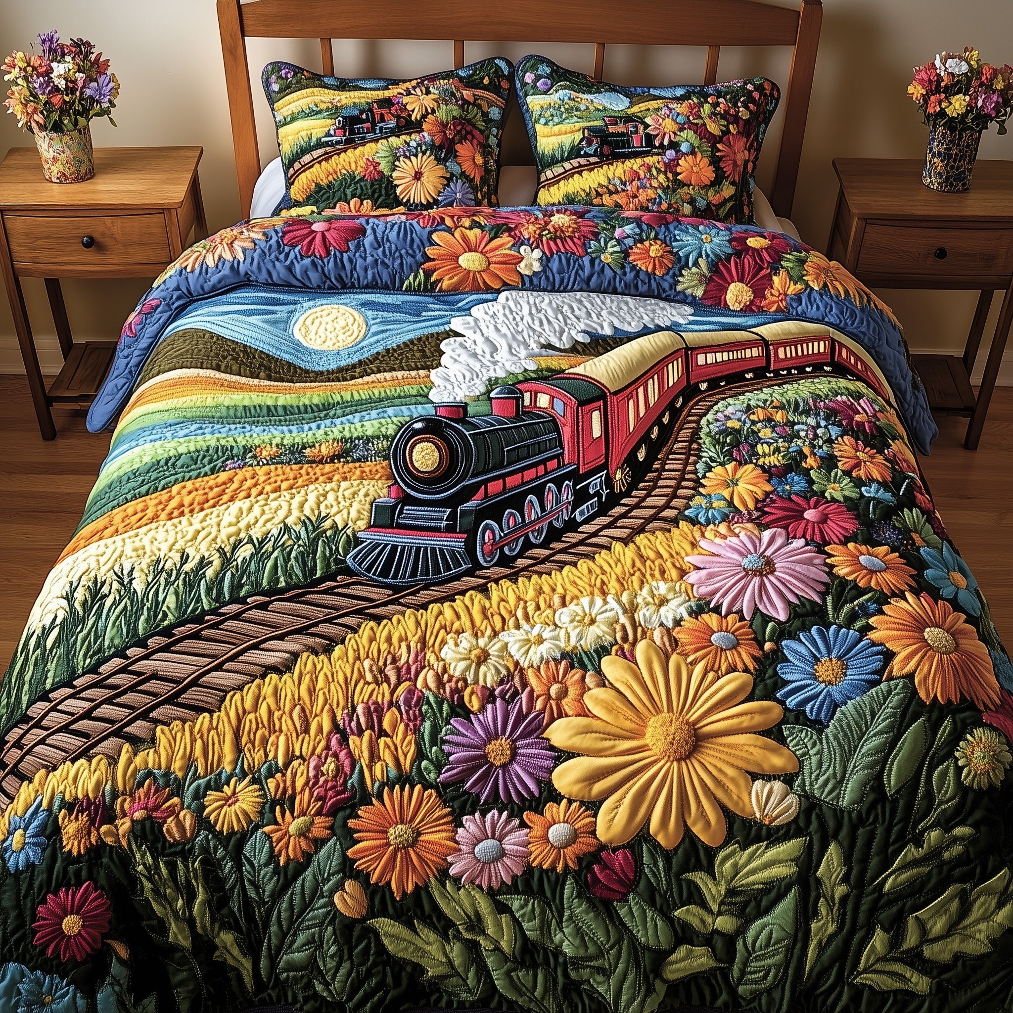 The Bloom Express Quilted Bedding Set Duvet Cover Merchandise Train Themed Gifts