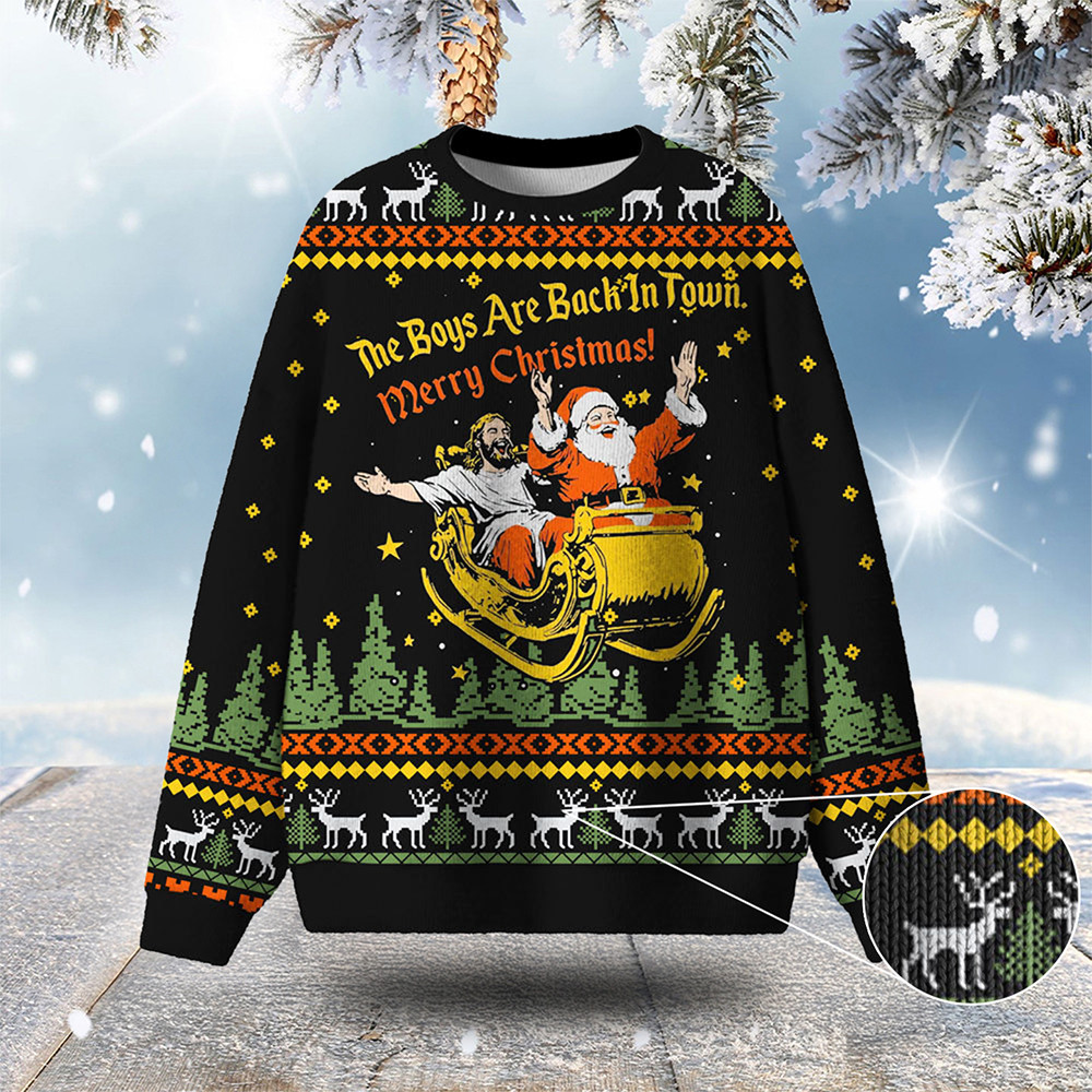 The Boys Are Back In Town Ugly Christmas Sweater Holiday Wear Ridiculous Christmas Sweaters