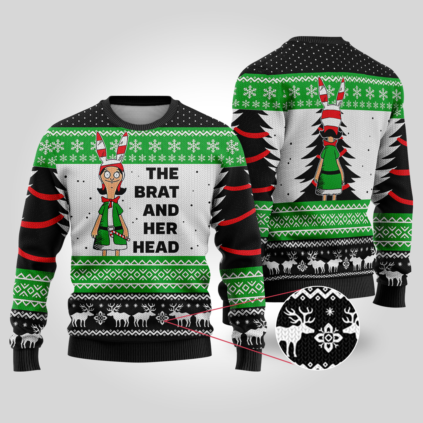 The Brat And Her Head Bobs Burger Ugly Sweater Black Perfect Holiday Gift Merch for Sweater Lovers