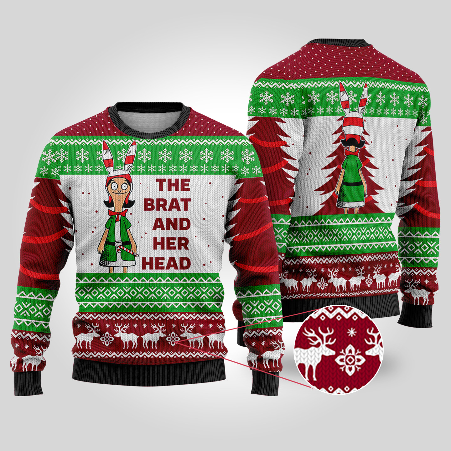 The Brat And Her Head Bobs Burger Ugly Sweater Cardinal Red Custom Christmas Sweatshirt for Family Matching