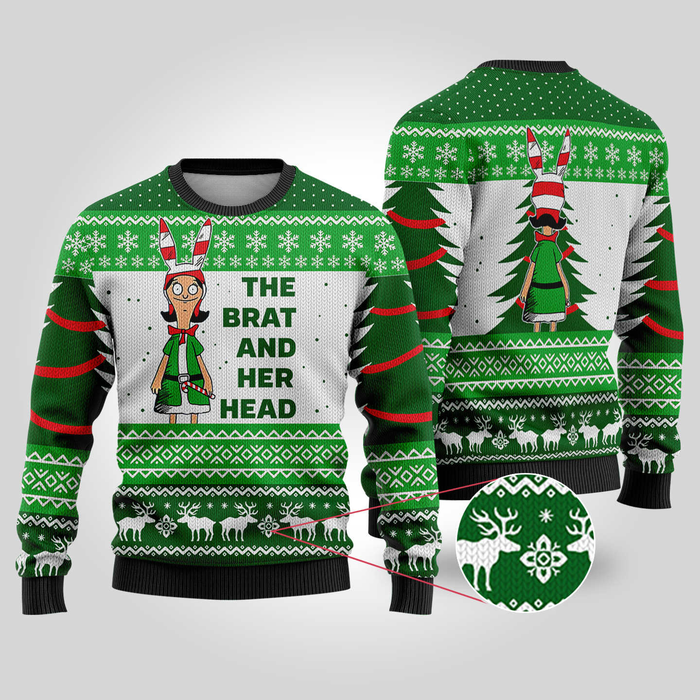 The Brat And Her Head Bobs Burger Ugly Sweater Forest Green Custom Holiday Sweater Merch That Warms the Heart