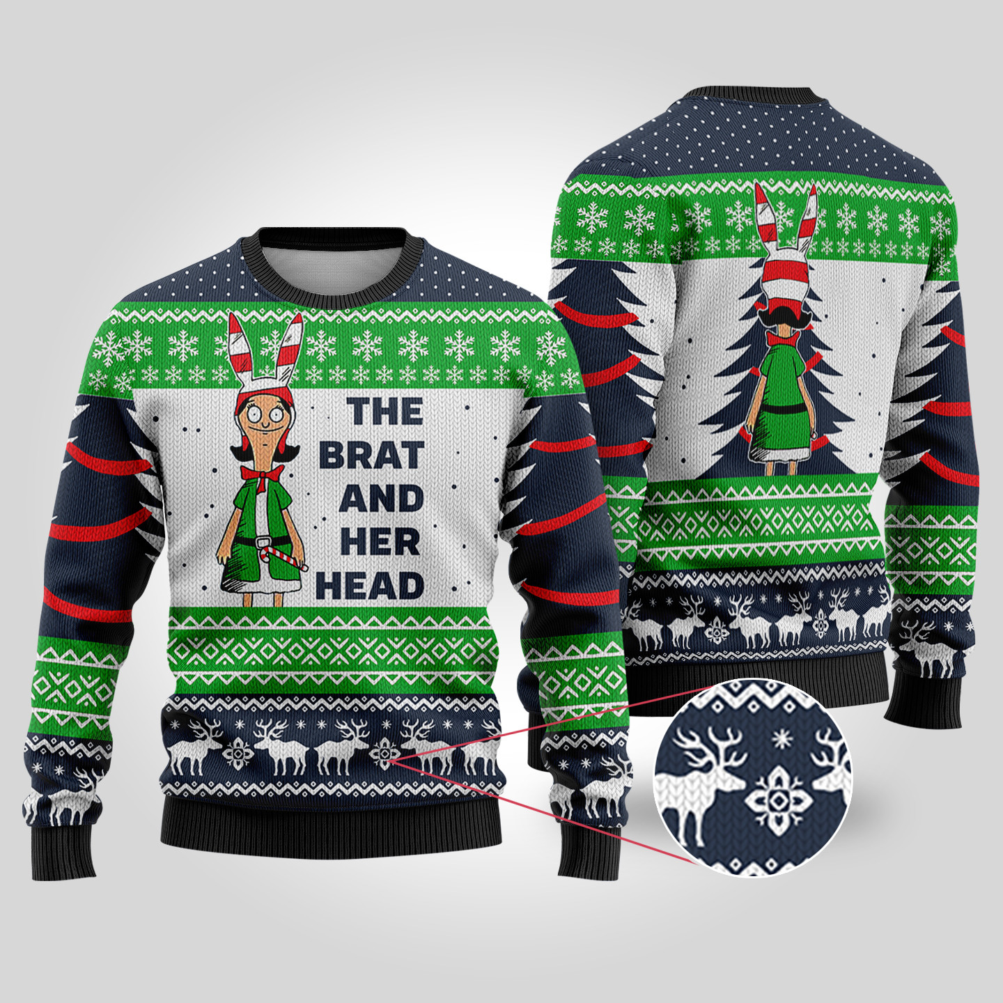 The Brat And Her Head Bobs Burger Ugly Sweater Navy Perfect Gift Sweater for Friends and Family